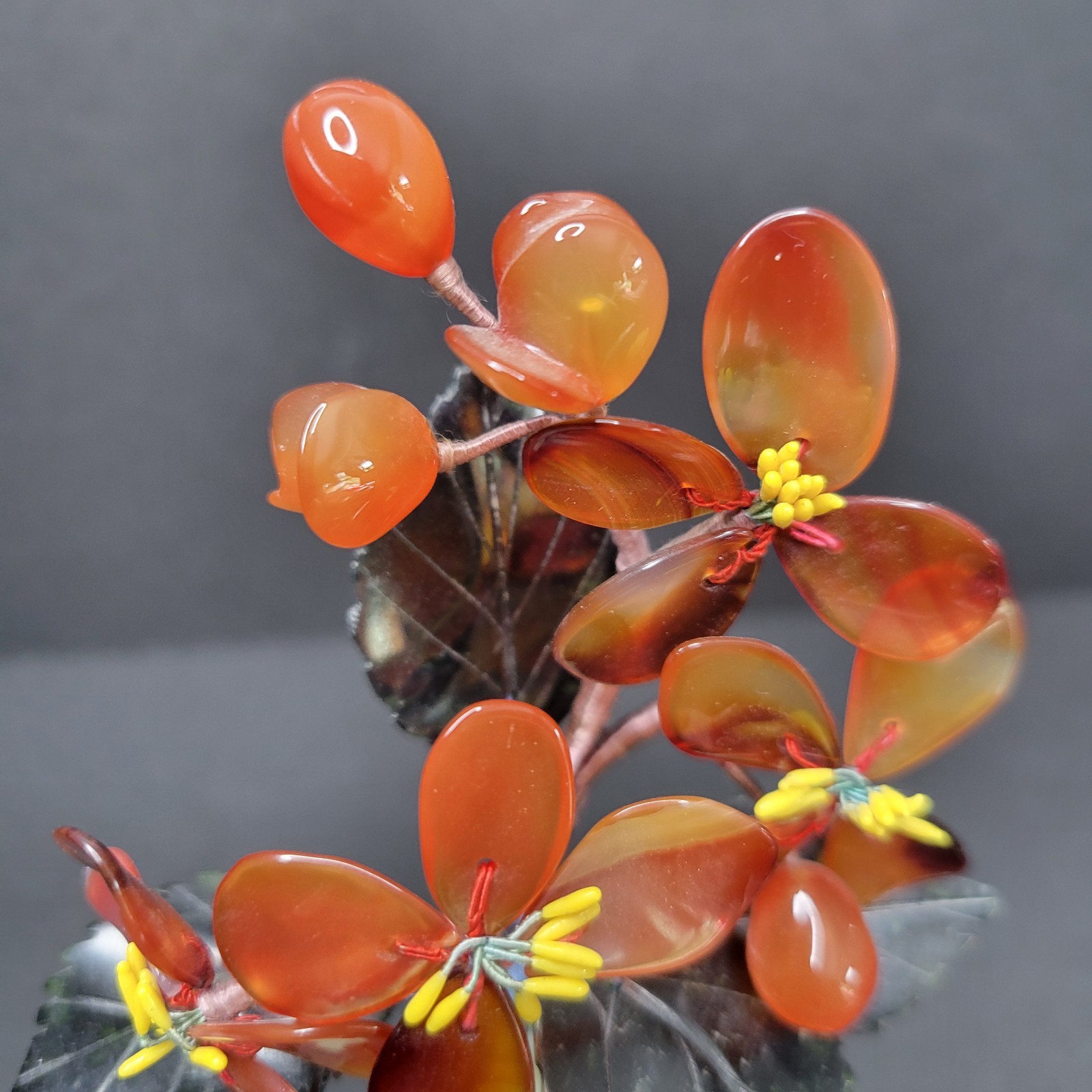 Chinese Agate Stone Jade Orange Red Glass Flower Floral Tree Marble Vase