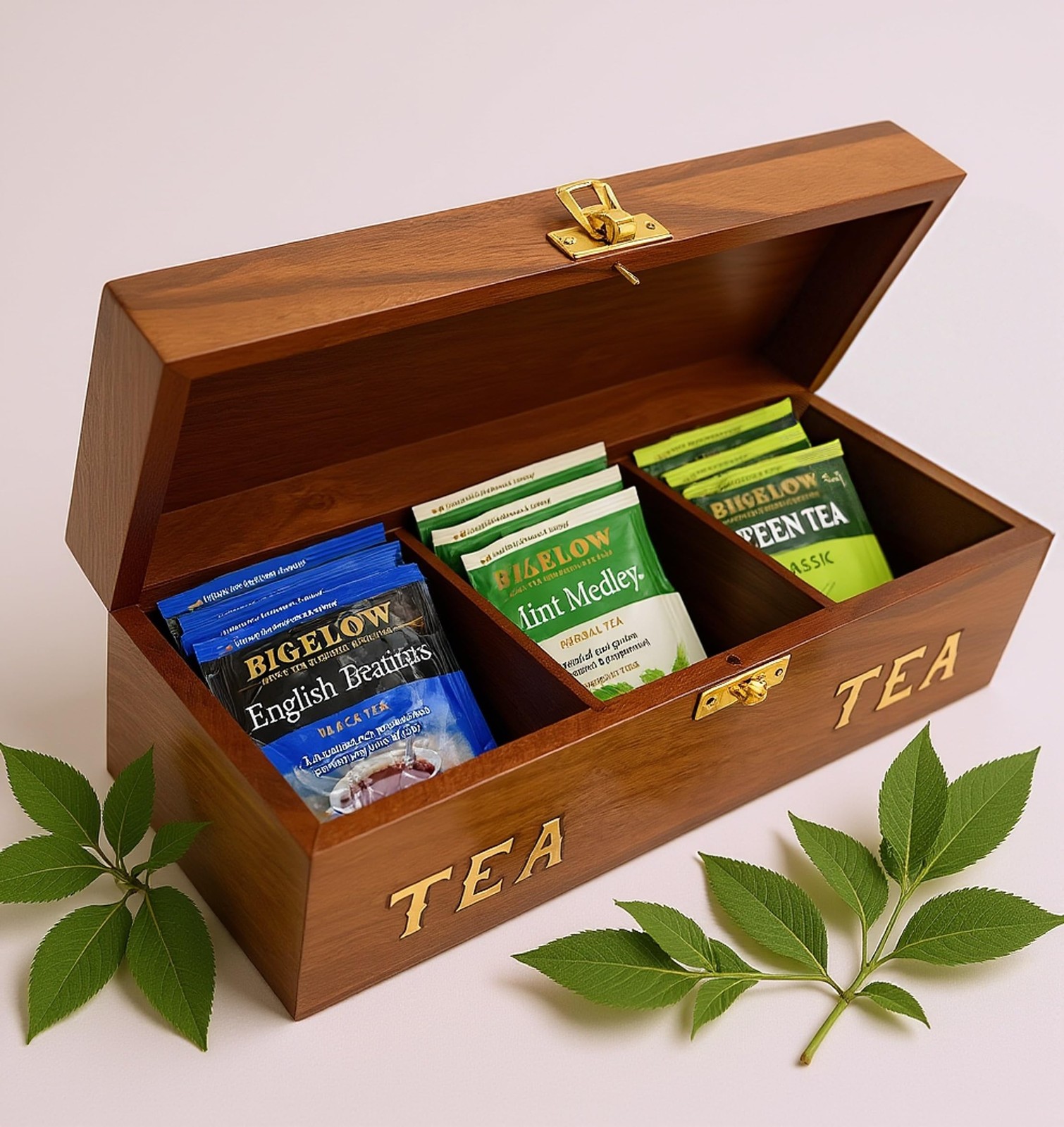 Handcrafted Rosewood Tea Box, 3-Compartment Bag Medium, Dark Brown