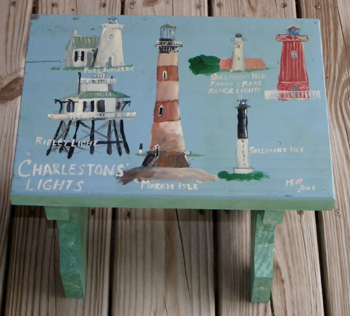 14″ Wooden Bench With 6 Hand-Painted Charleston SC Lighthouses-M Ritt-2001