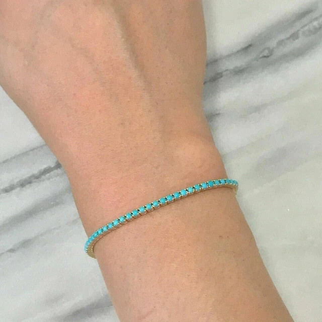 6 Ct Round Cut Lab Created Turquoise Tennis Bracelet 7.5″ 14k Yellow Gold Plated