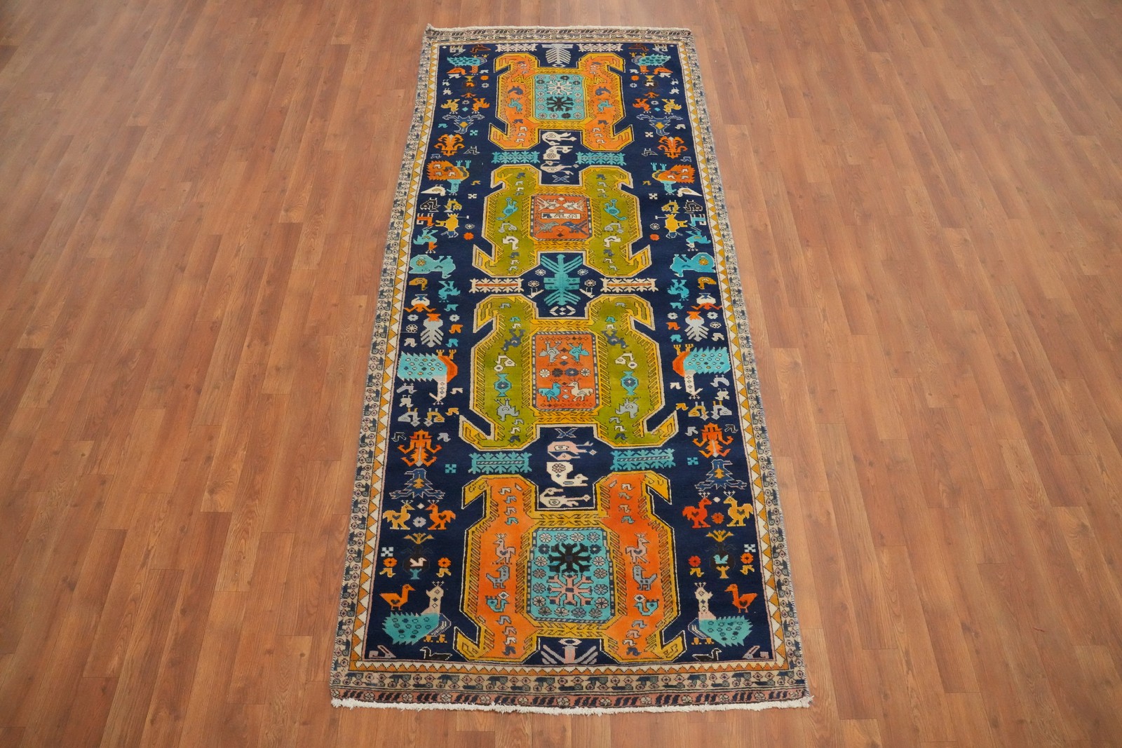 Animals Design Blue Wool Hand-made Tribal Rug Geometric Traditional Carpet 4×8