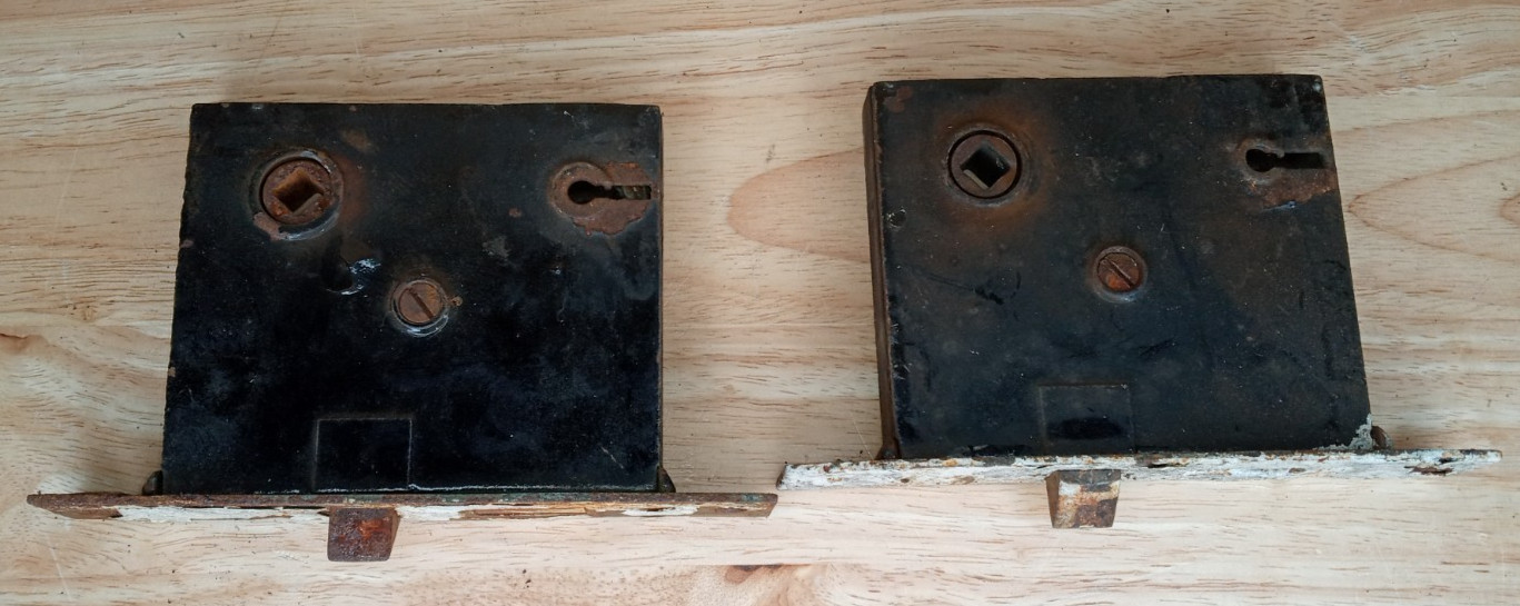 Pair Antique Mortise Door Locks Skeleton Keyhole Salvage Estate Find