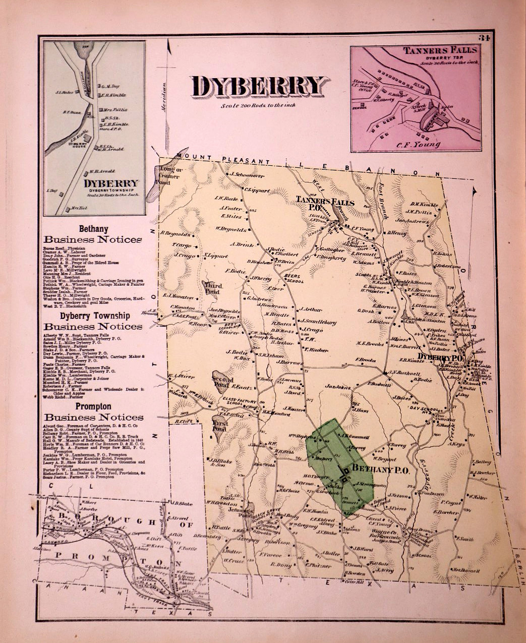 Rare 1872 Plat Map ~ Dyberry Township, Wayne Co., Pennsylvania / Tanners Falls