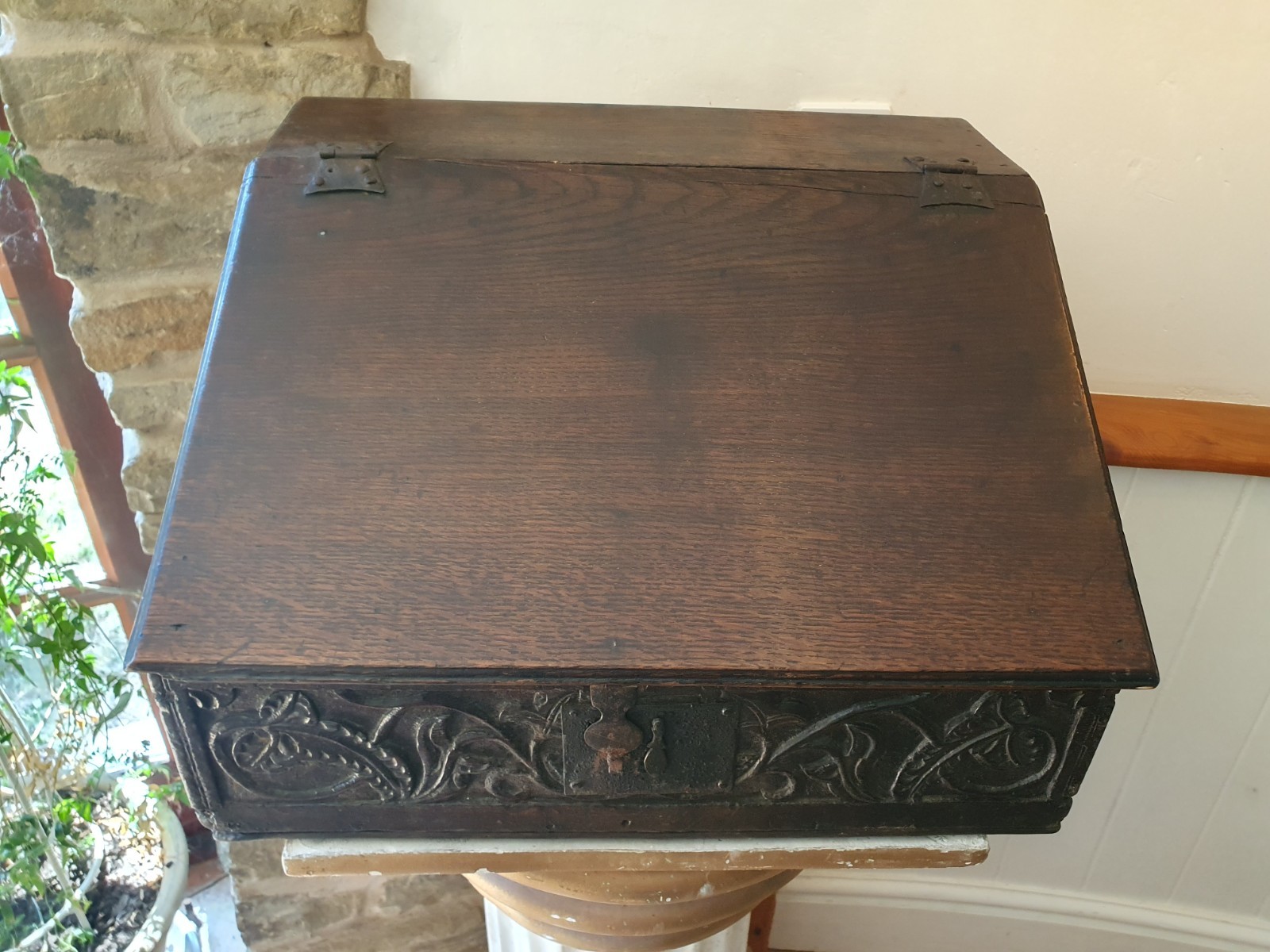 Antique 17th century & later carved oak bible box slope lock & key 3 drawers