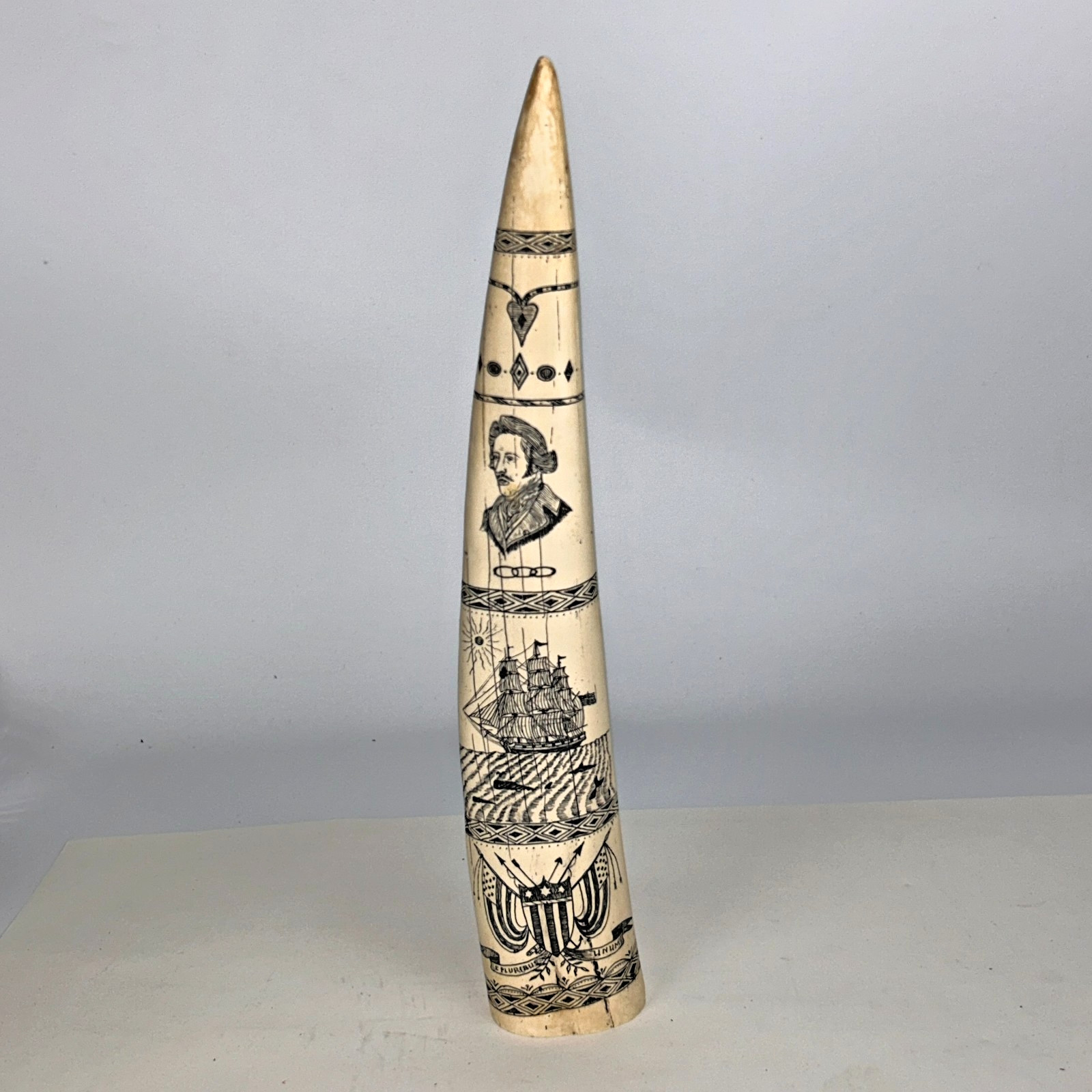 Scrimshaw Replica Walrus Tusk “Regulus” Captain James Head Ivory-color Resin 14″