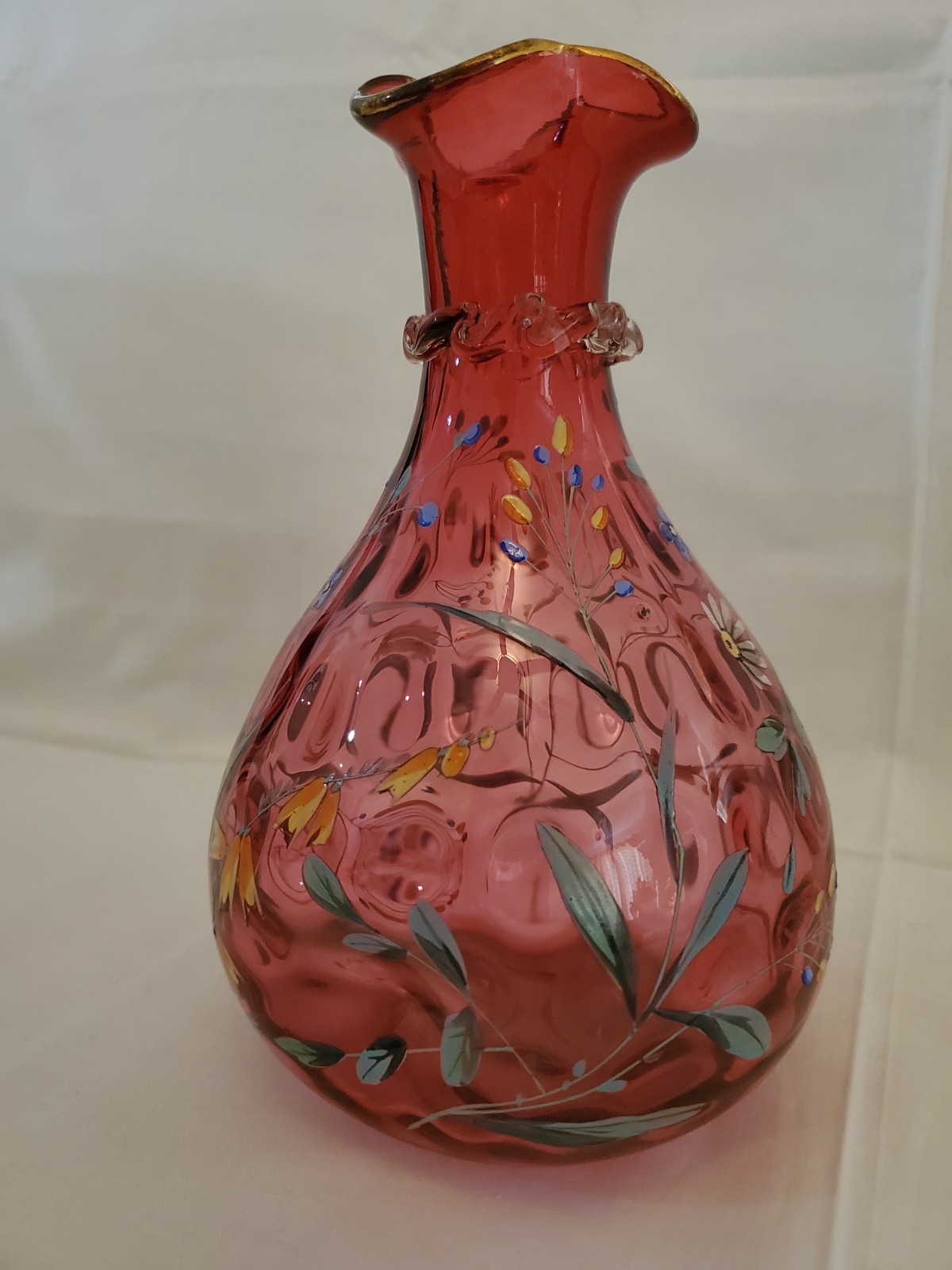 Antique Hand-Blown Cranberry Bubble Glass Enamel Floral Design-Fenton or Moser?