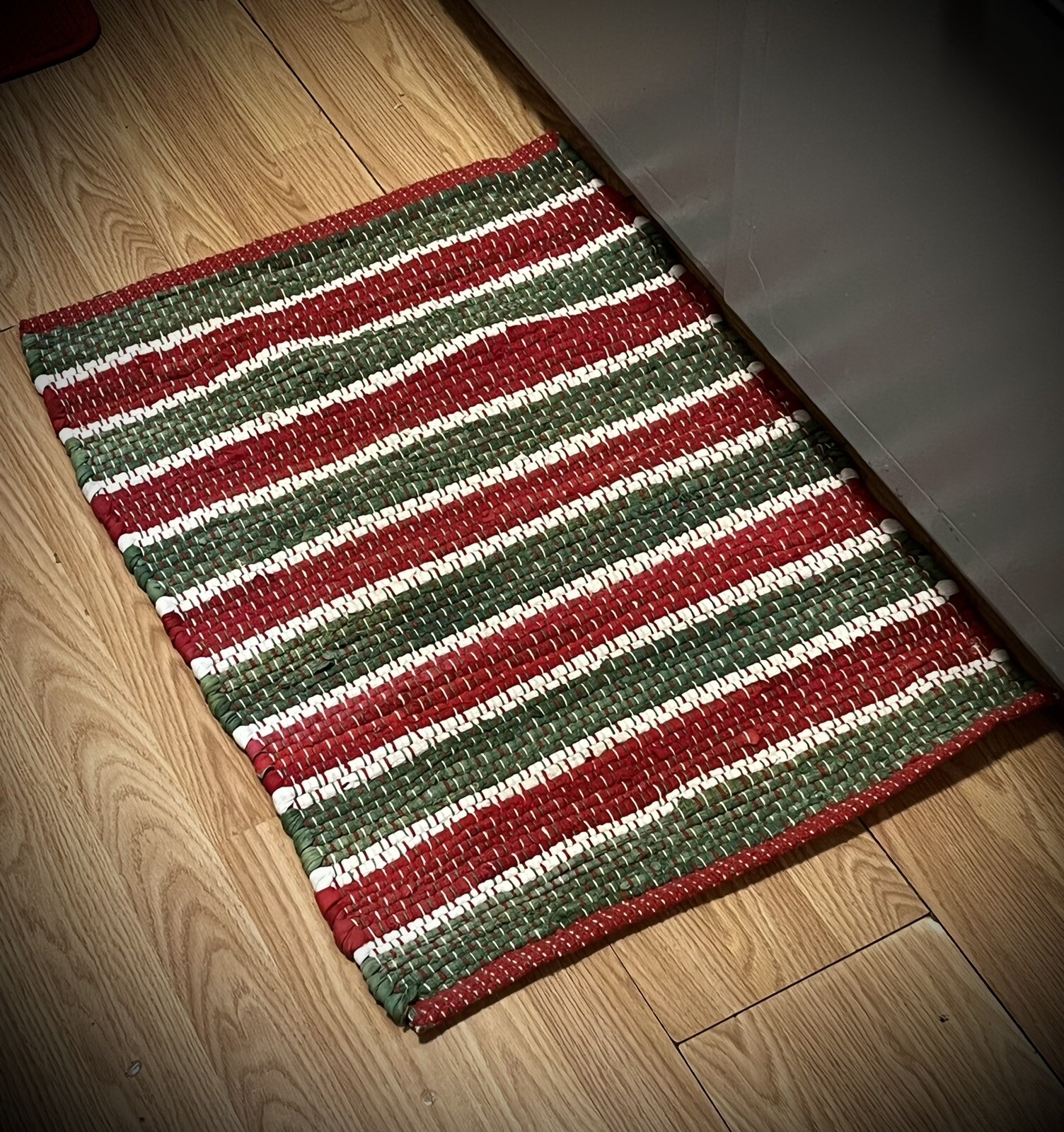Red White Green Striped Primitive Country Christmas Fabric Scrap Rag Rug