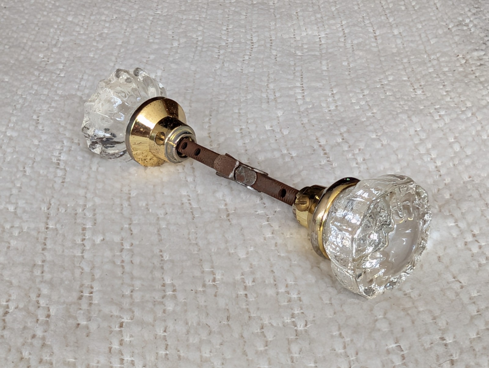 Vintage Pair of Crystal Glass & Brass Door Knobs, Spindle, Set Screws – Set #8