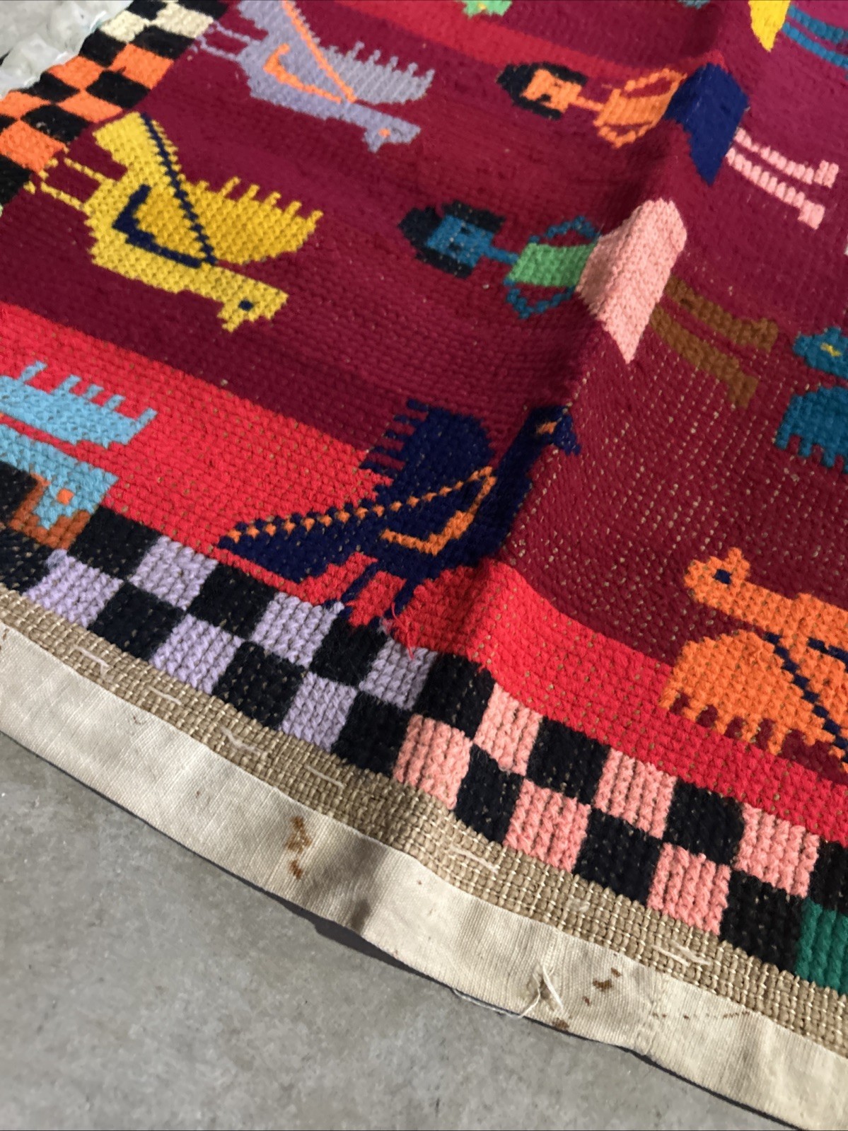 Handwoven Tapestry Folk Art Wall Hanging wool vintage 70s Mid Century COLORFUL