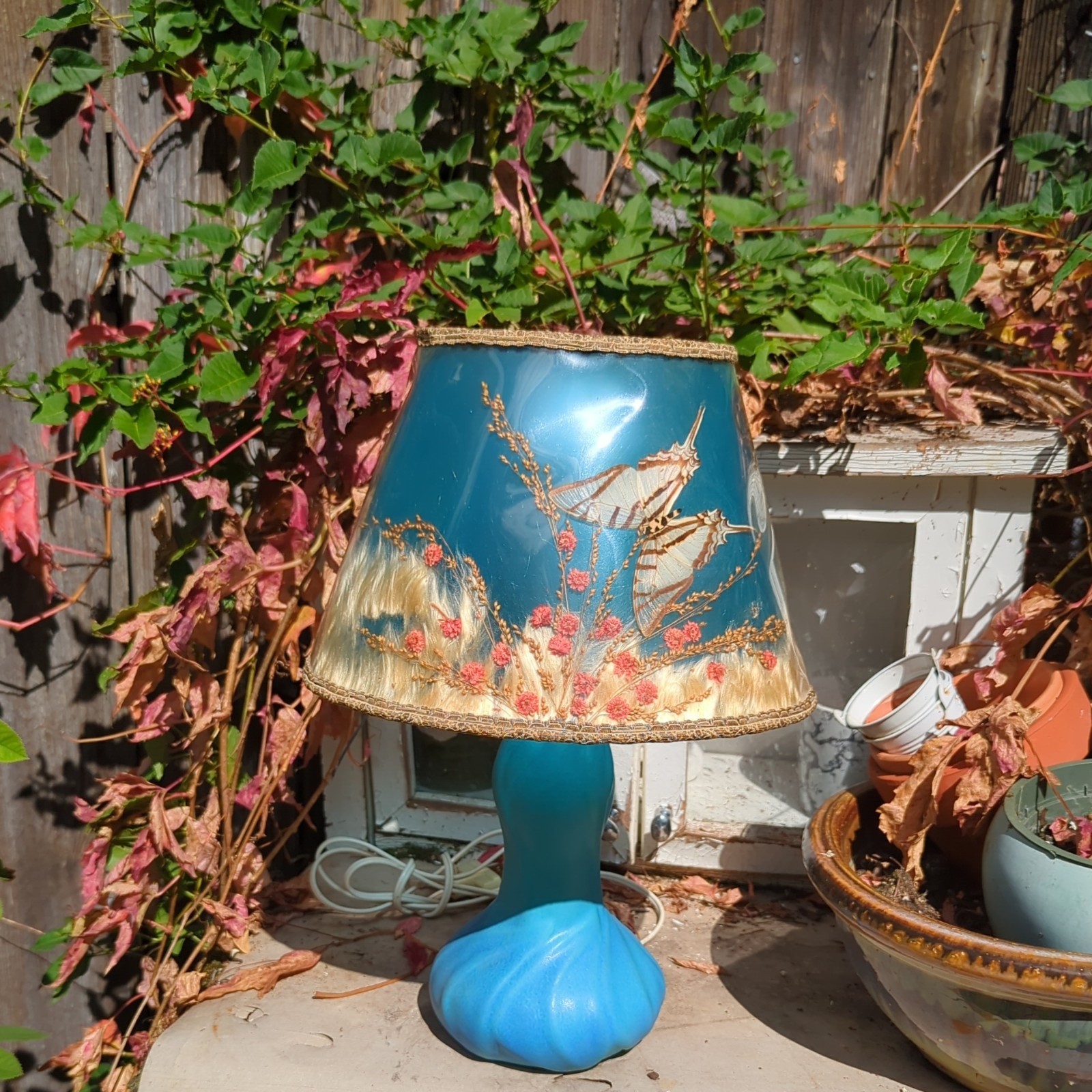15″ Van Briggle Turquoise Lamp w Original Butterfly and Flower Shade