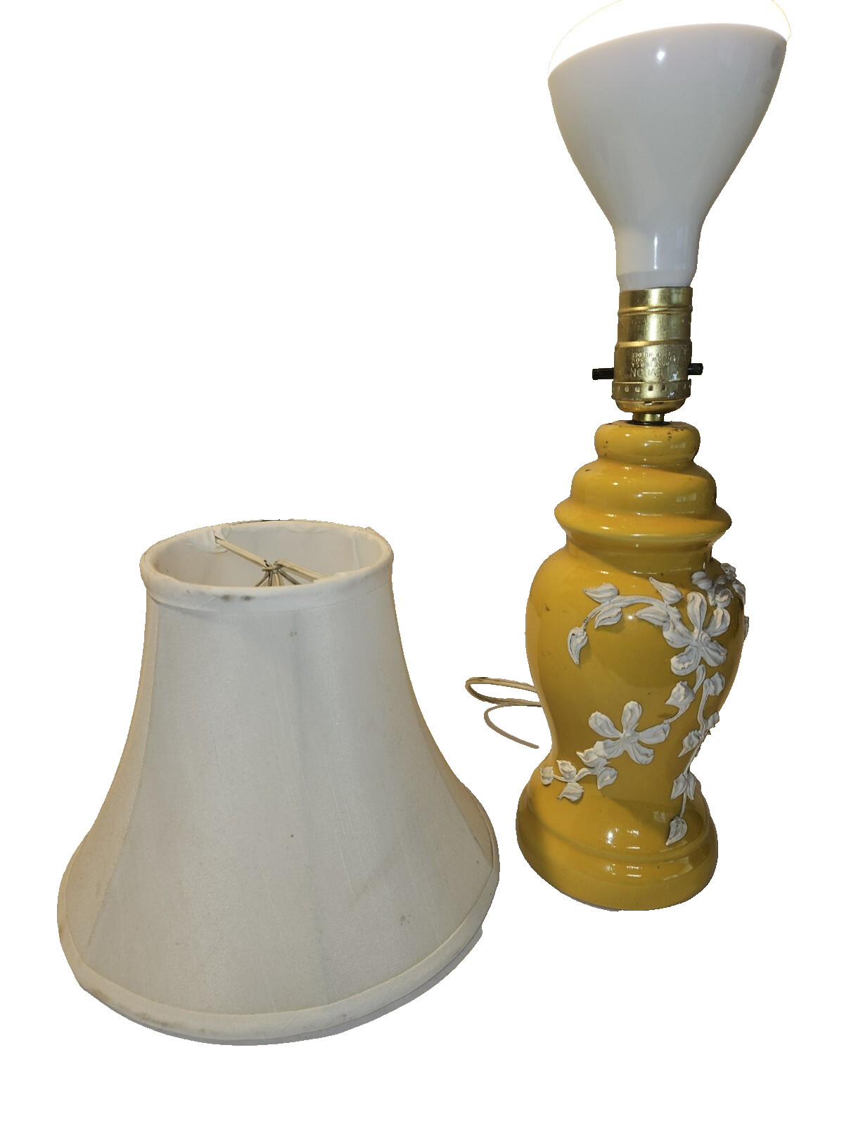 Antique Porcelain Yellow Lamp With White Flowers And Shade
