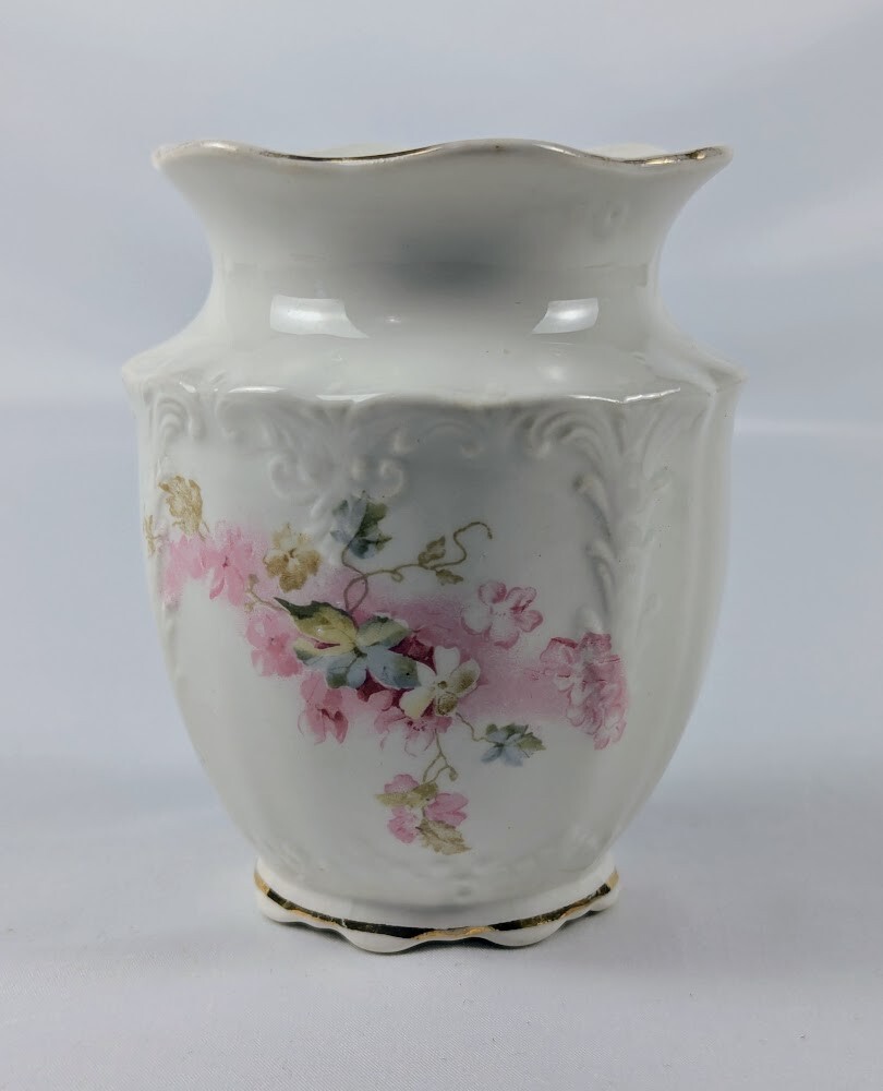 Antique K.T. & K. Co. Semi Vitreous Porcelain White and Pink Floral Vase