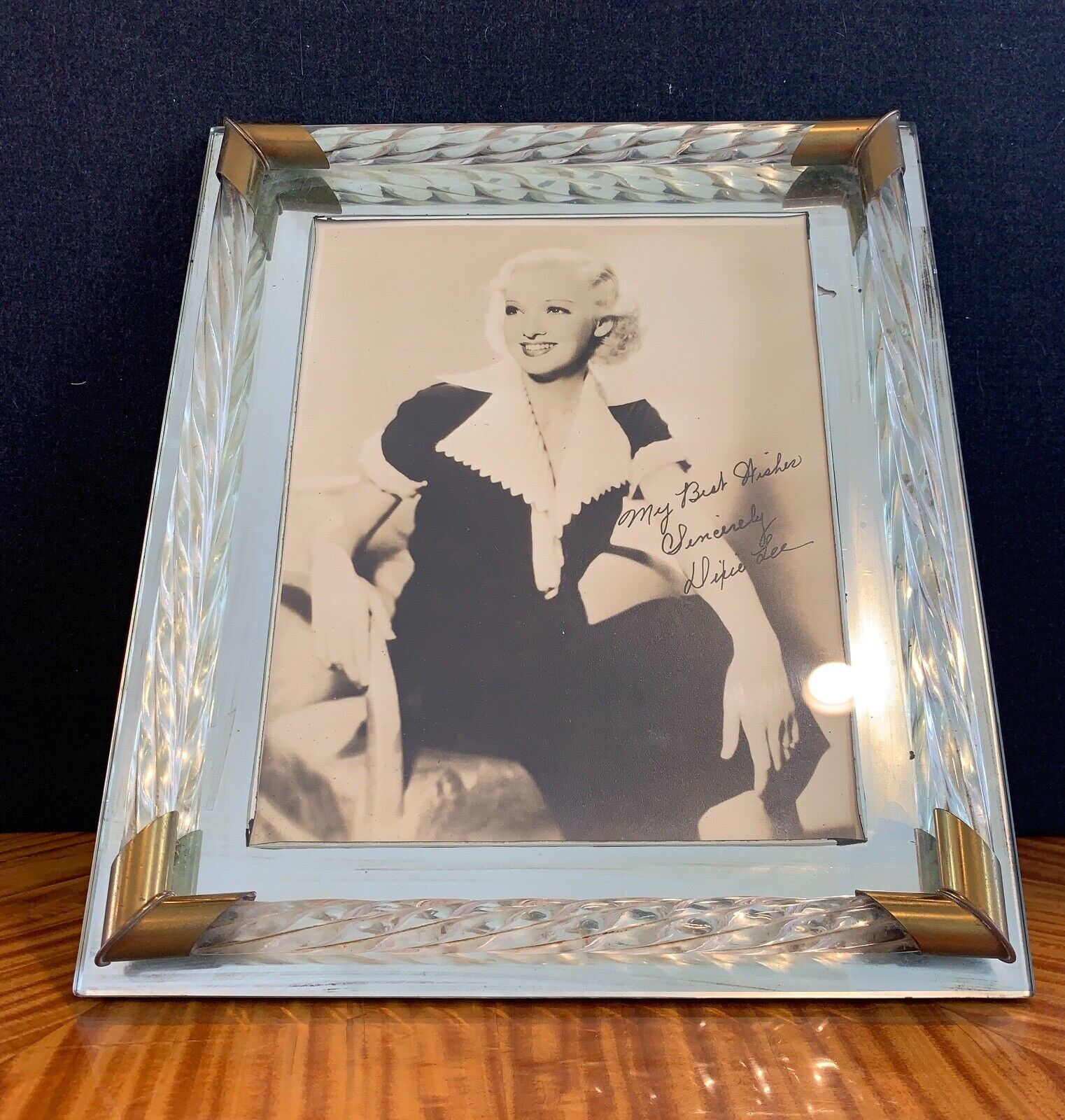 1930’s – 1940’S HOLLYWOOD REGENCY GLASS PHOTO FRAME WITH SIGNED DIXIE LEE PHOTO