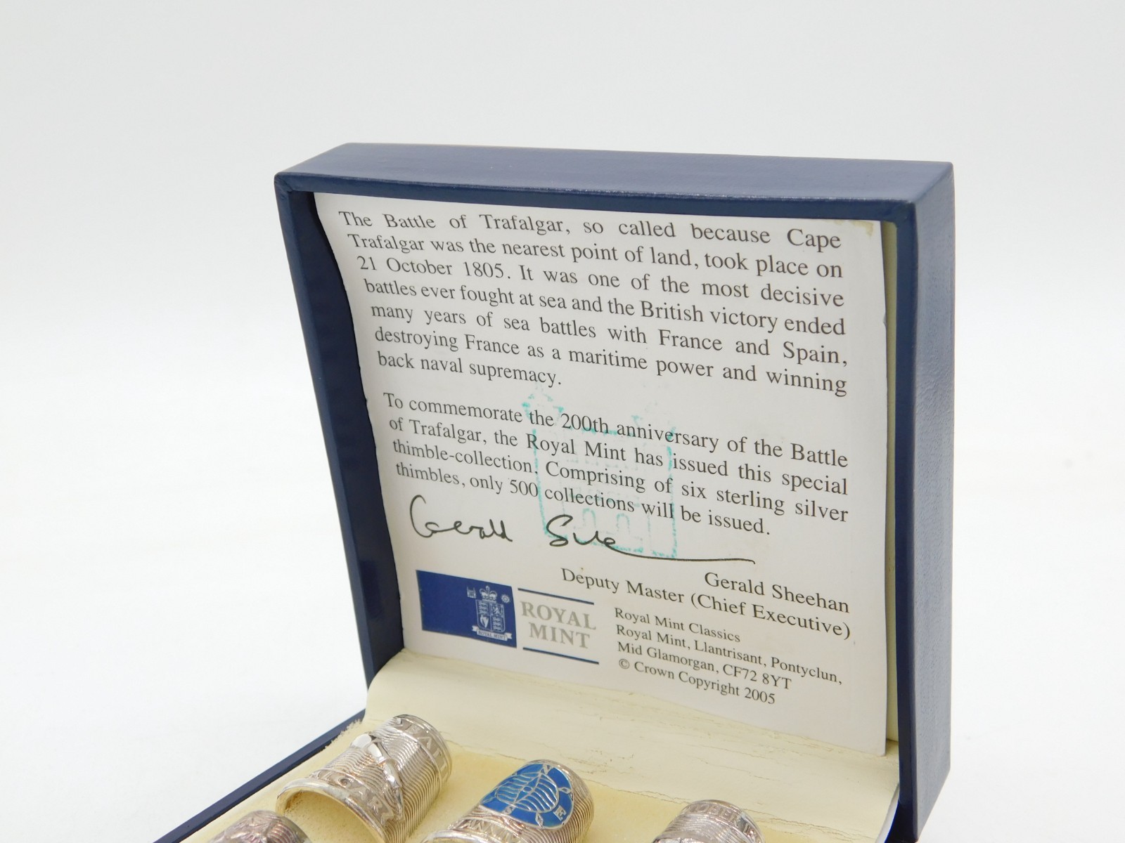 Boxed Set of Six Sterling Silver Battle of Trafalgar Commemorative Thimbles
