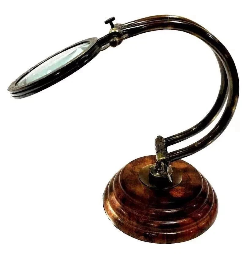 Vintage Brass Magnifying Glass Magnifier Desk Top Table Top Wooden Stand Antique