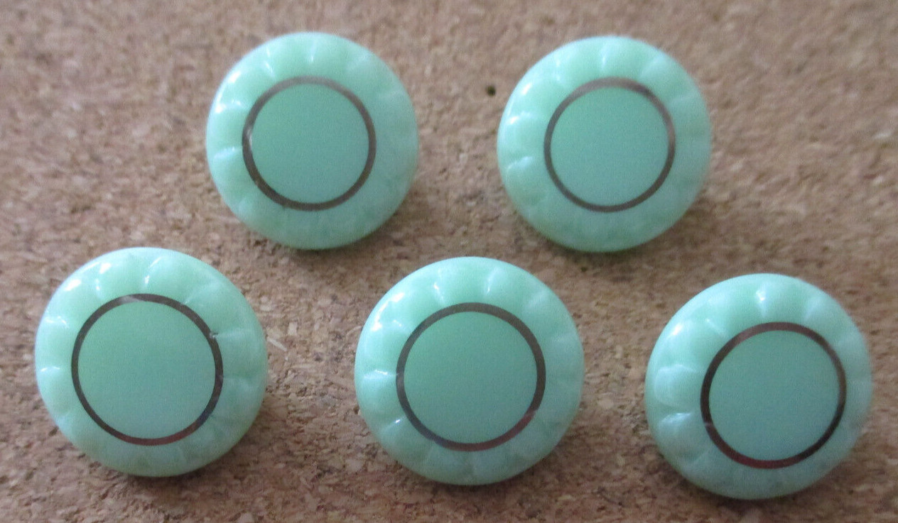 5-Czech Glass Art Deco-Fancy Border & Gold Circle Mint Green Buttons #35-16.47mm