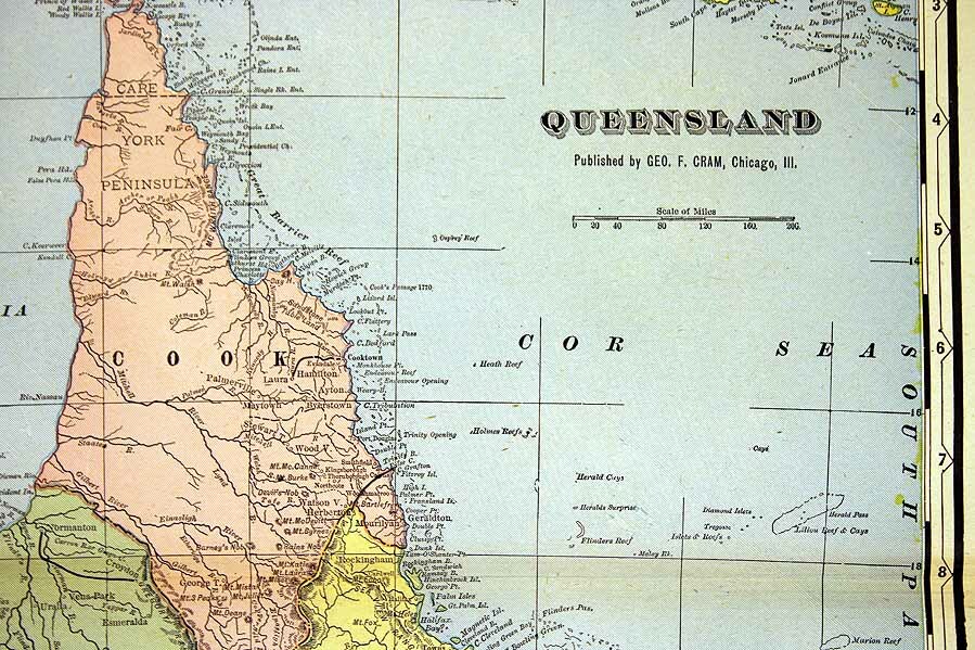 Queensland Australia Antique Color Map 1901 Cram’s 14½” x 22″ New Zealand South