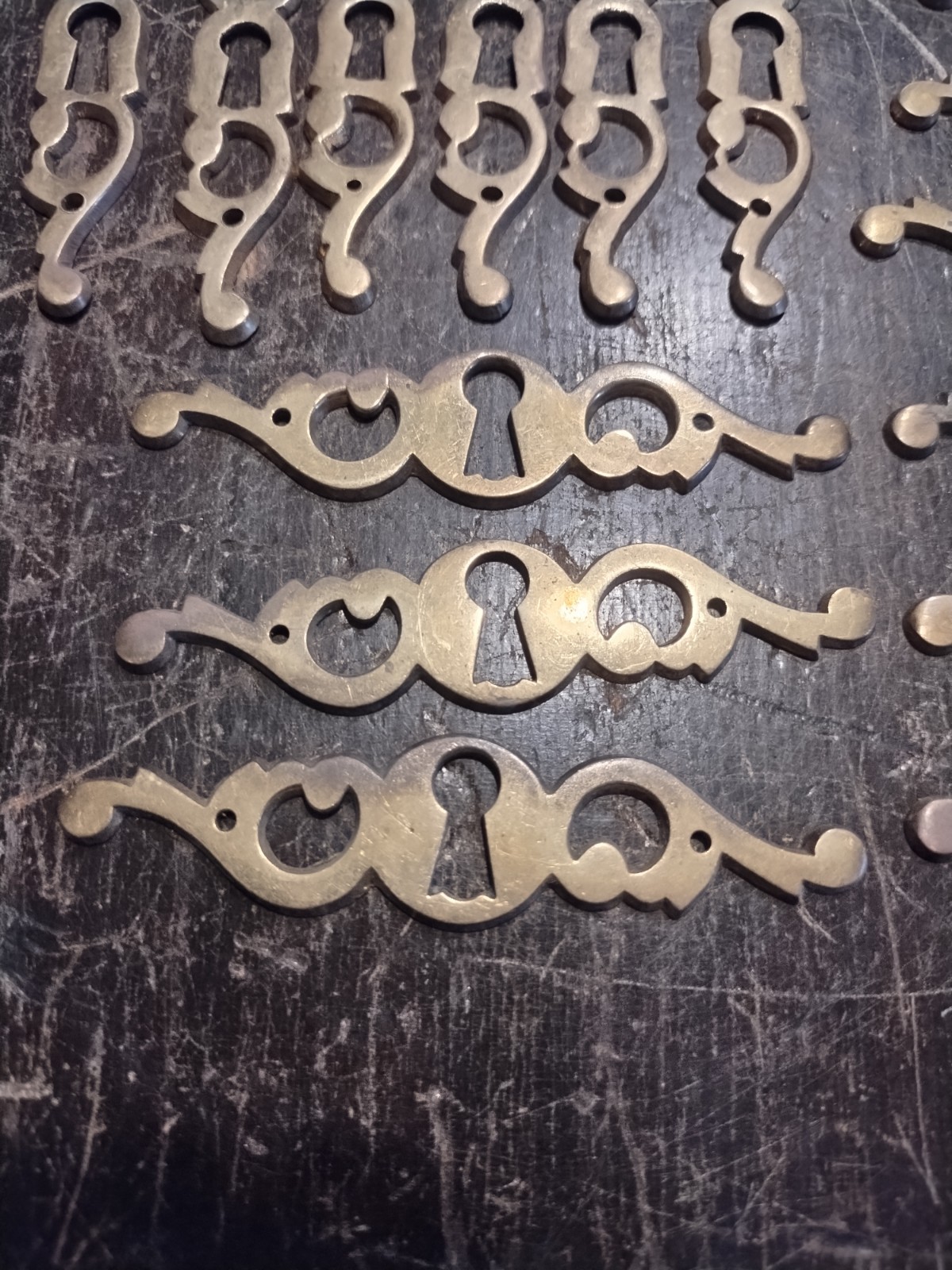 24 Fancy Vtg Solid Brass Drawer Keyhole Escutcheons Ornate