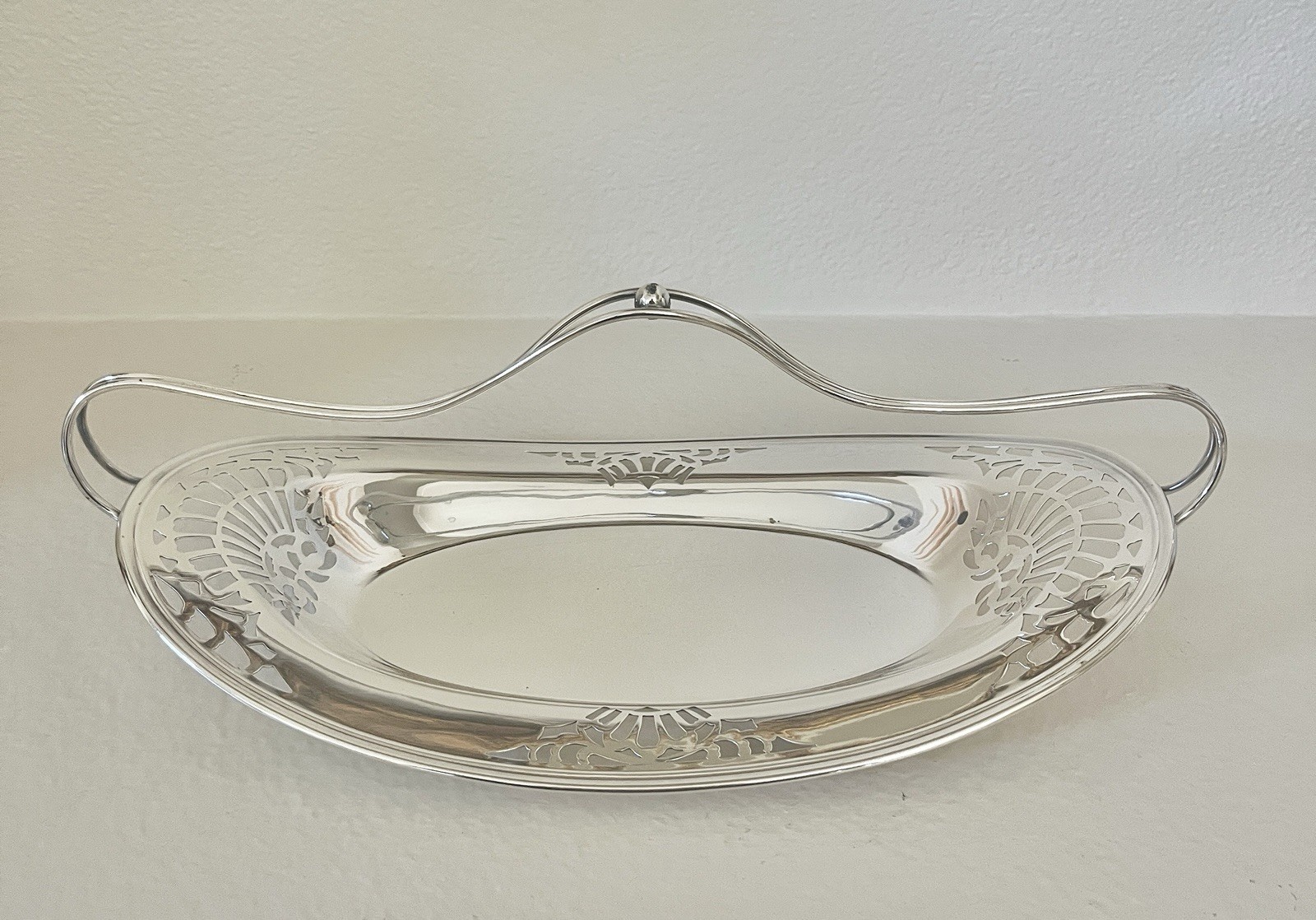 Silver Plated Pierced Oval Bread Tray Dish With Top Handle By E. & J. Bass