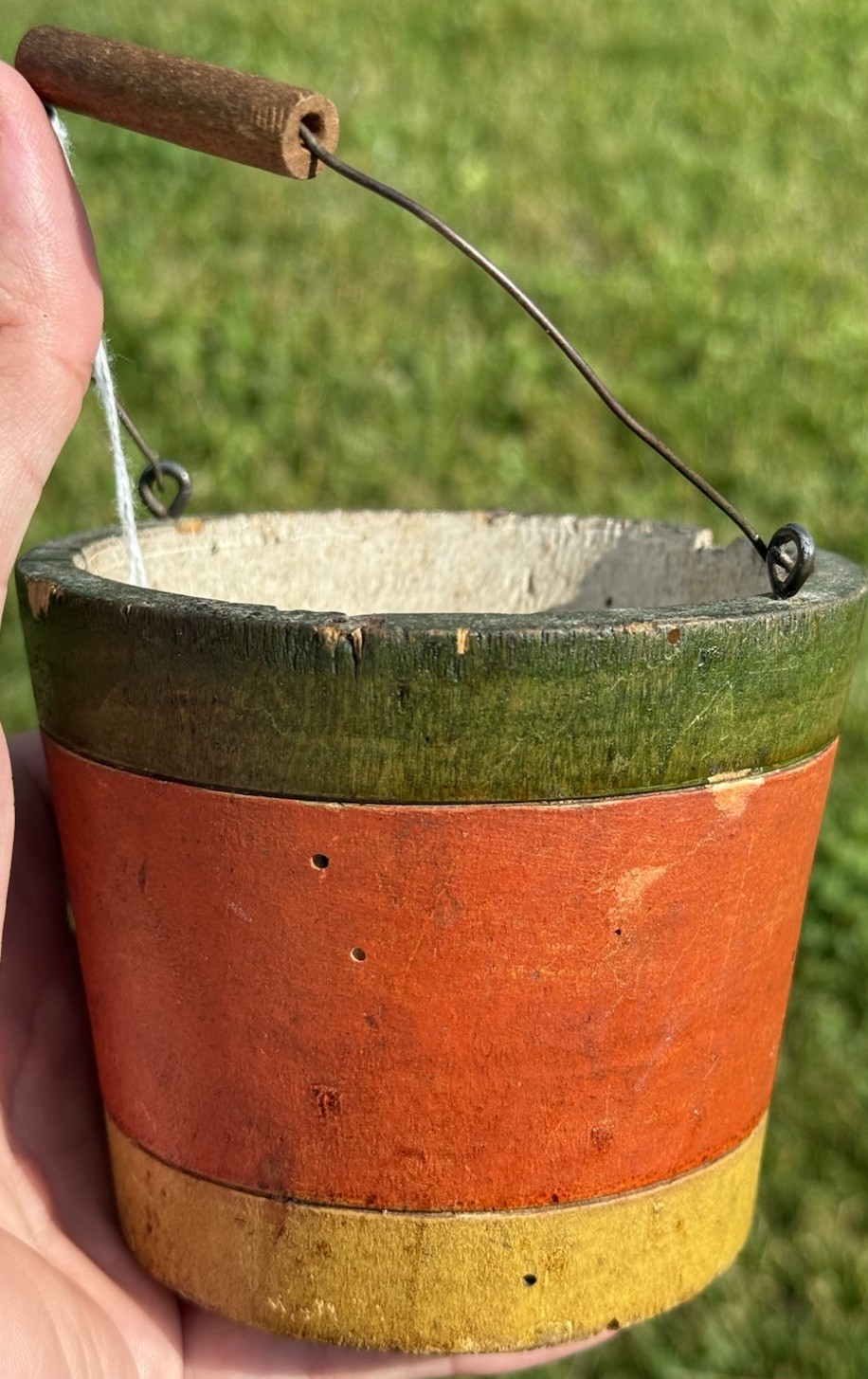 Early Small 3 1/2” Original Painted Bucket Red Yellow Green Pail Miniature Pail