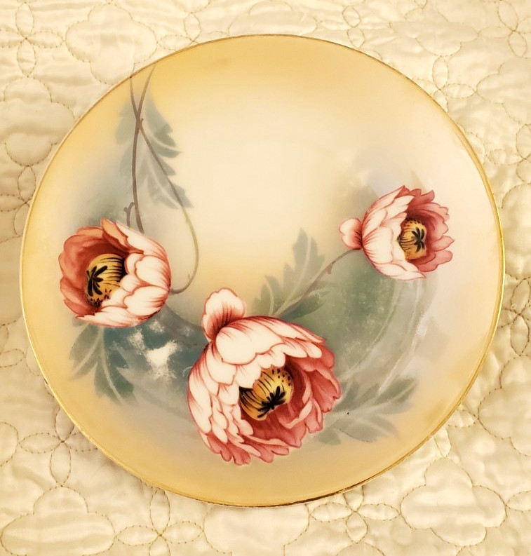 Hand Painted RS Germany Cabinet Plate Pink & White Poppies Peach Yellow w Green