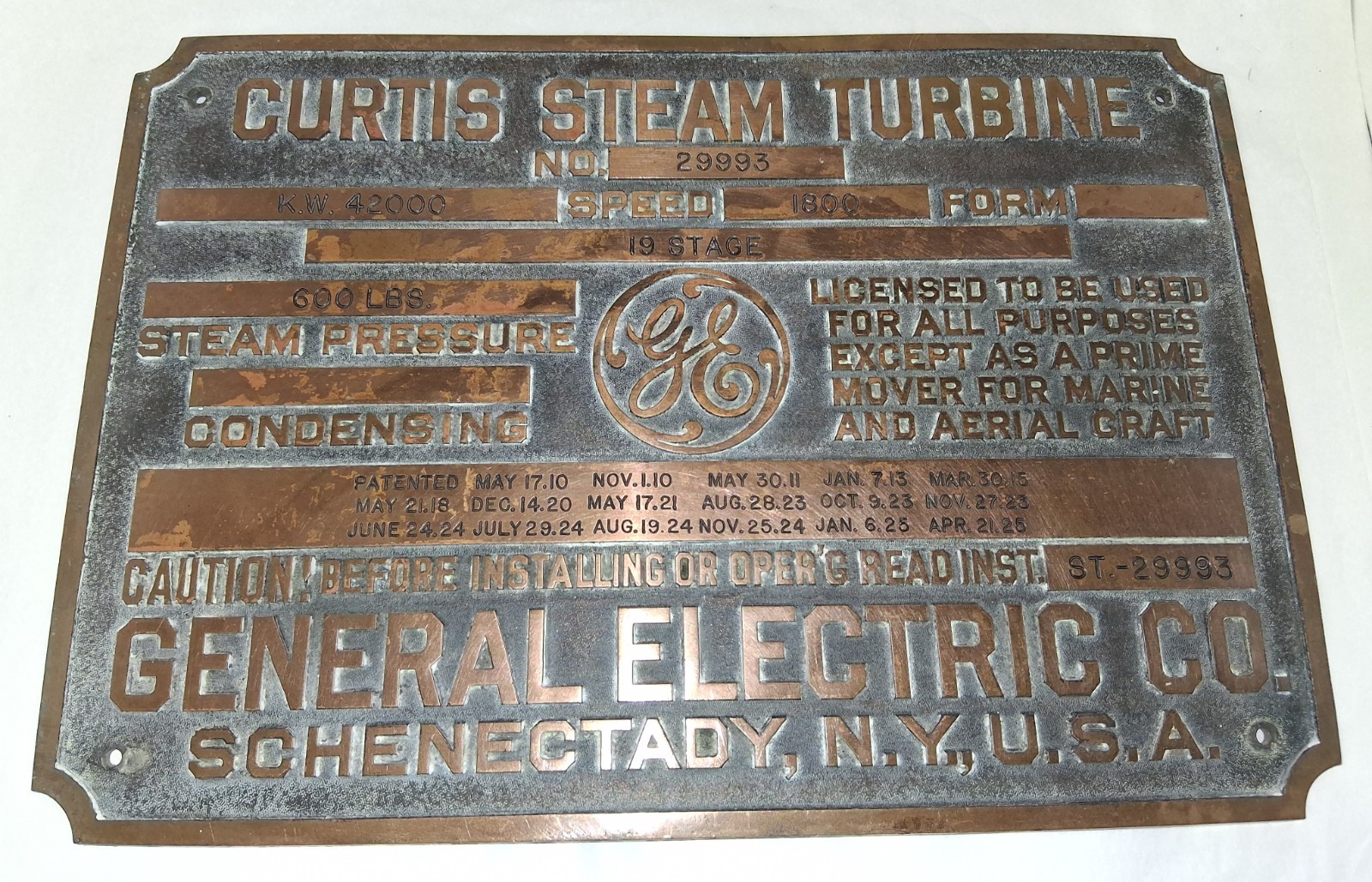Curtis Steam Turbine General Electric Co Heavy Brass Plaque/Sign – Vintage Rare