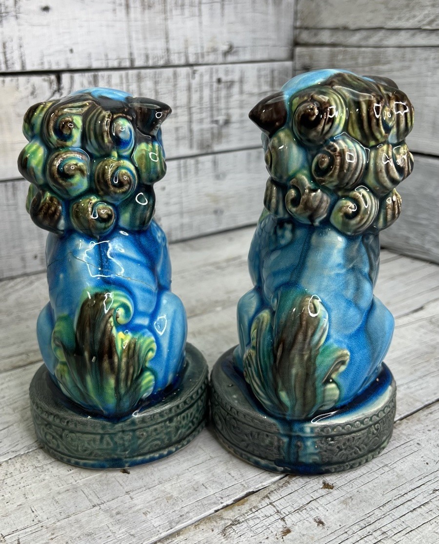 VINTAGE PORCELAIN TURQUOISE FOO DOG FIGURINES PAIR 2 MCM JAPAN AS IS READ 🩵