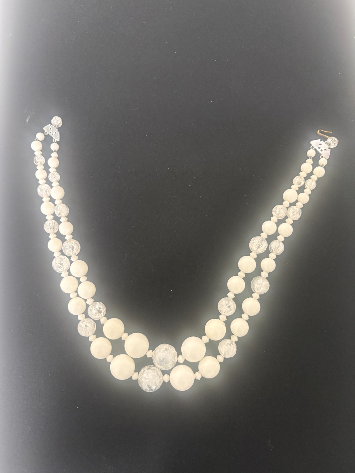Vintage Double Strand Graduated White Lucite Crackle Glass Bead Necklace Elegant