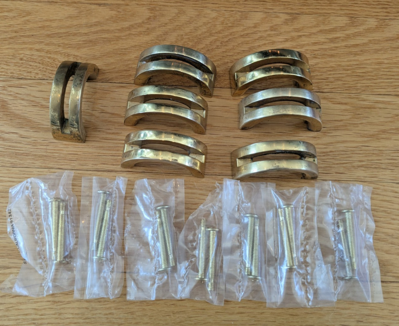 Set of 7 Vintage Brass Drawer Pulls Handles MCM Half Moon 2”