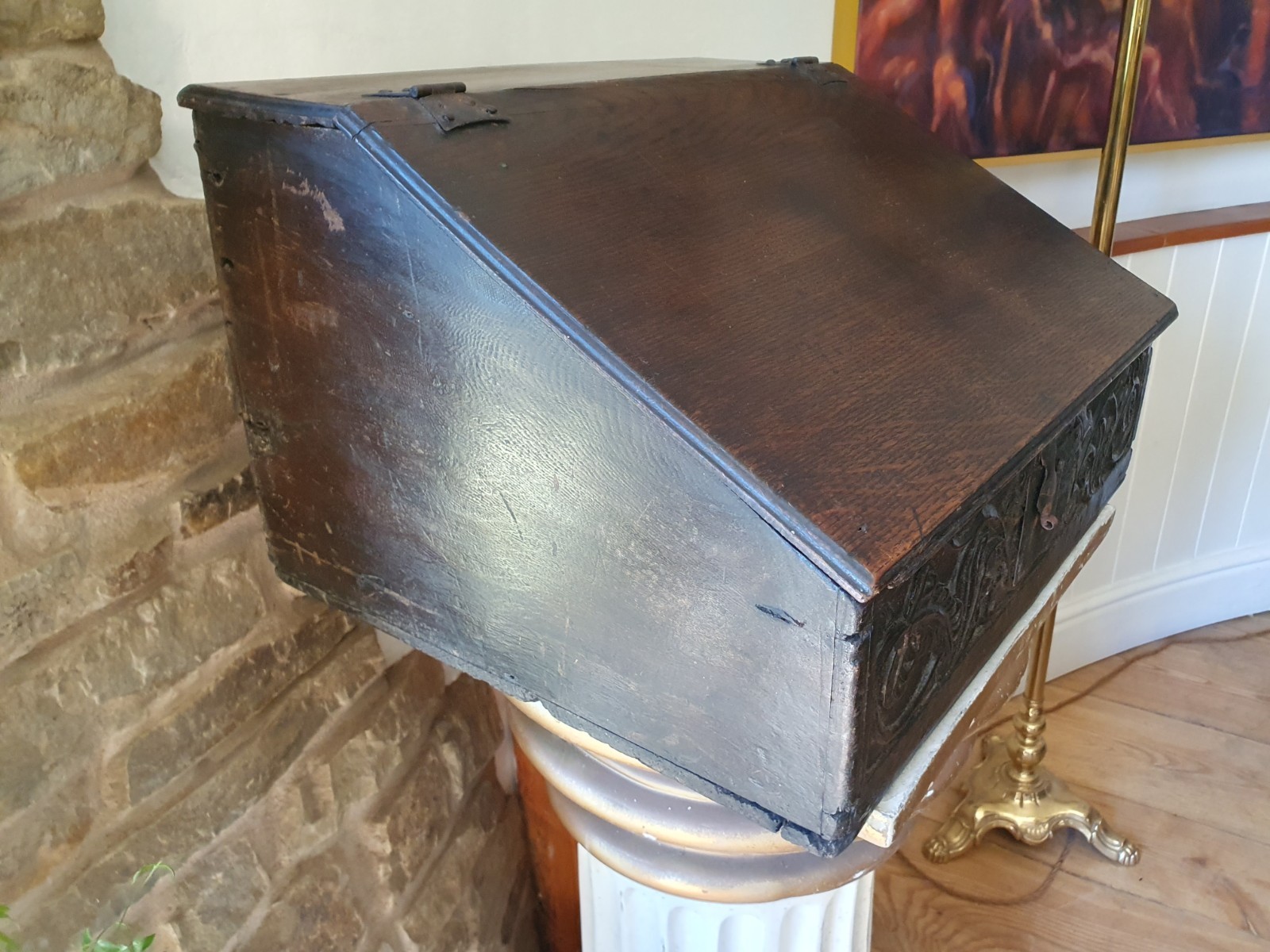 Antique 17th century & later carved oak bible box slope lock & key 3 drawers