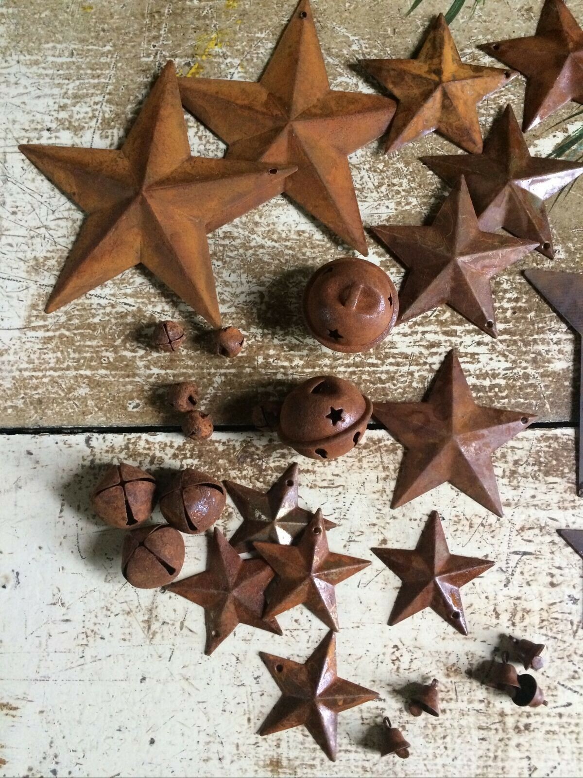 33pc Sample Lot Rusty Metal Barn Stars Jingle Bells Wire Folk Art Craft Supplies