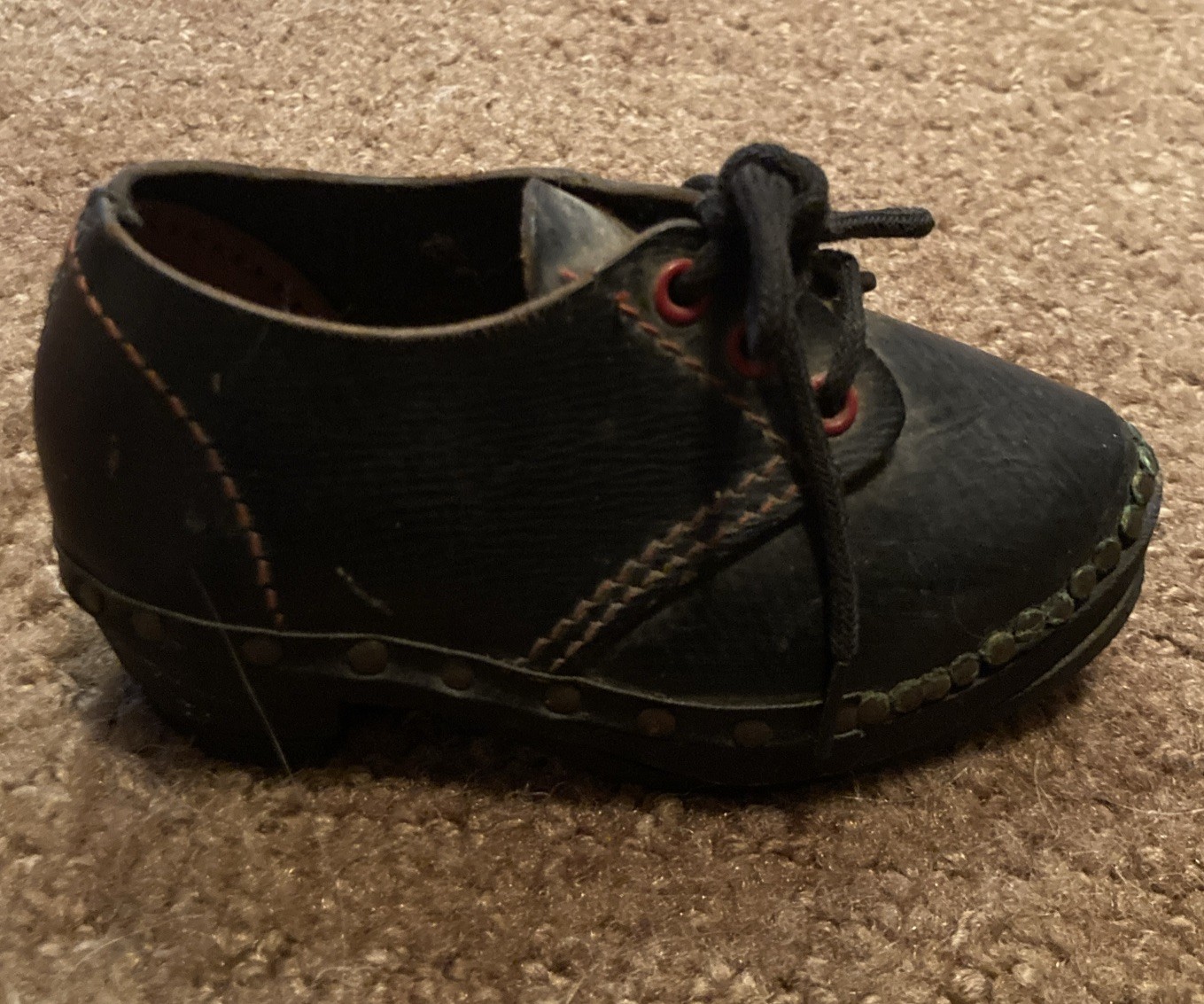 Late 19th Century Primitive Leather-Wood Lace Up Childs Shoe Size 3