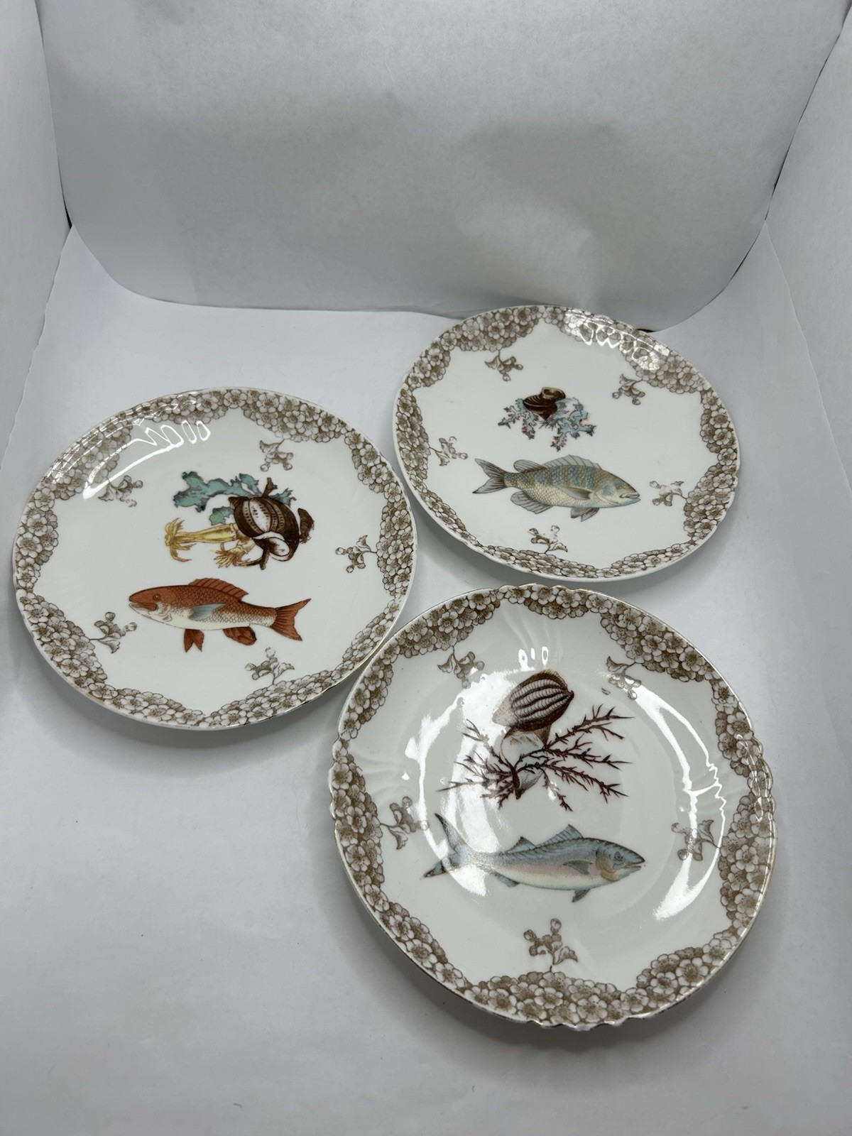 3 Pc Antique Marx & Gutherz Carlsbad Austria Fish Plates Set 7.5 Inch Diameter