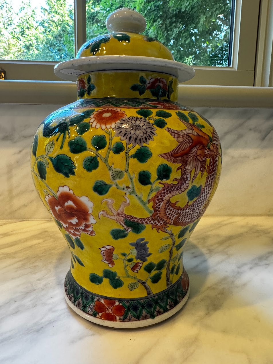 Pair 19thC Chinese Yellow Ground Dragon Porcelain Ginger Jars Kangxi Marks