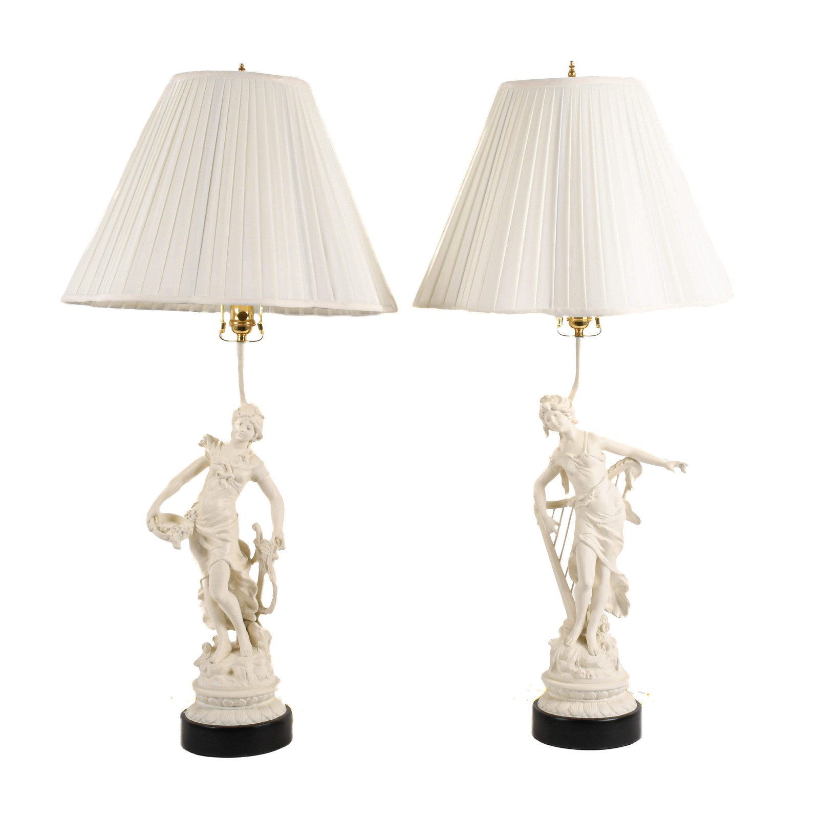 Pair of French Spelter Muse Statue Table Lamps After Moreau