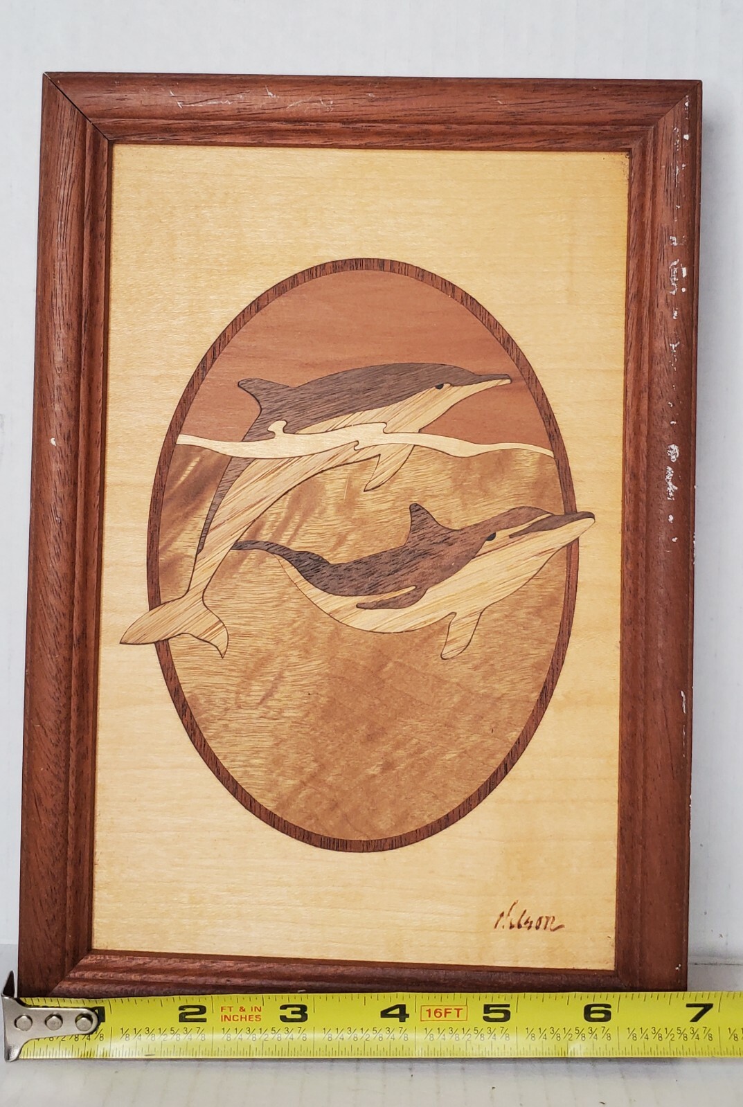 Hudson River Inlay Marquetry Wooden Dolphins Picture Signed Nelson 12.75 x 6.75