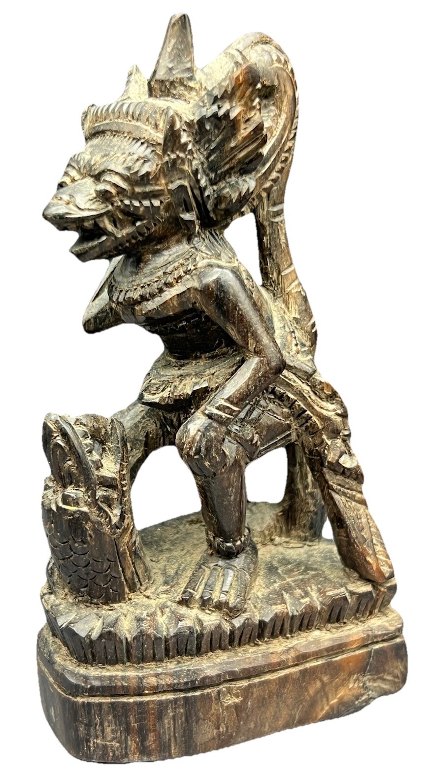 South East Asia Hindu Wood Sculpture Hanuman Fighting Naga Snake Statue