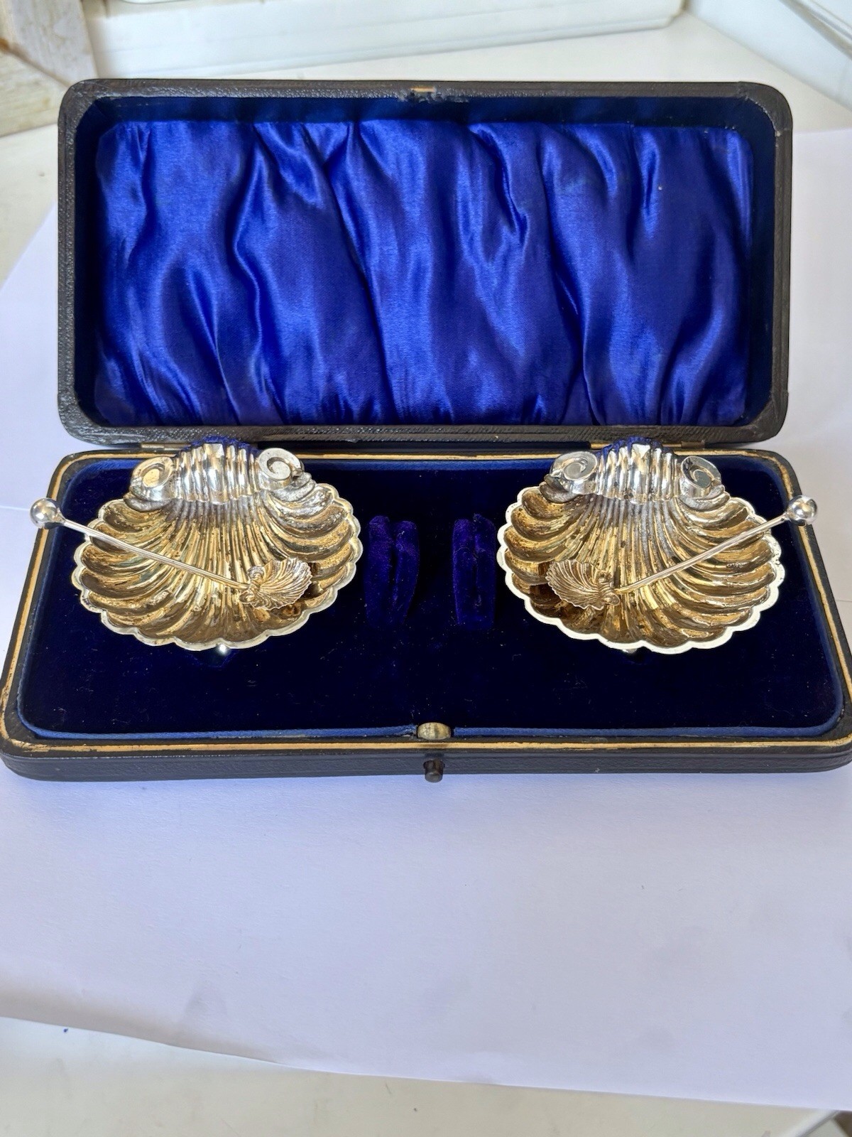 Full Set Edwardian Silver Salts & Spoons Fitted Case 1904 WILLIAM HENRY LEATHER