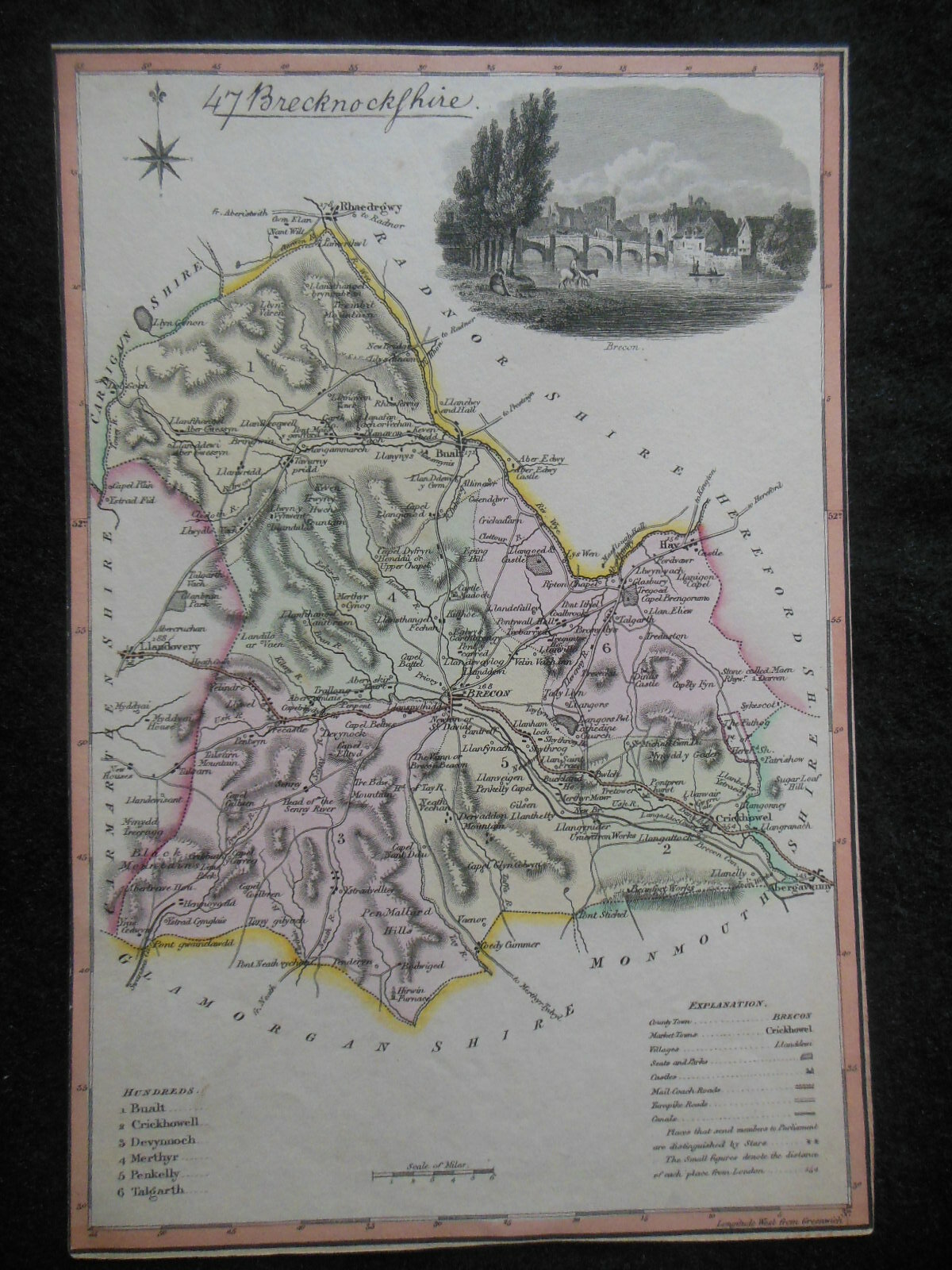 Original Antique Brecknockshire County Map (1817) Langley, Wales, Brecon, Welsh