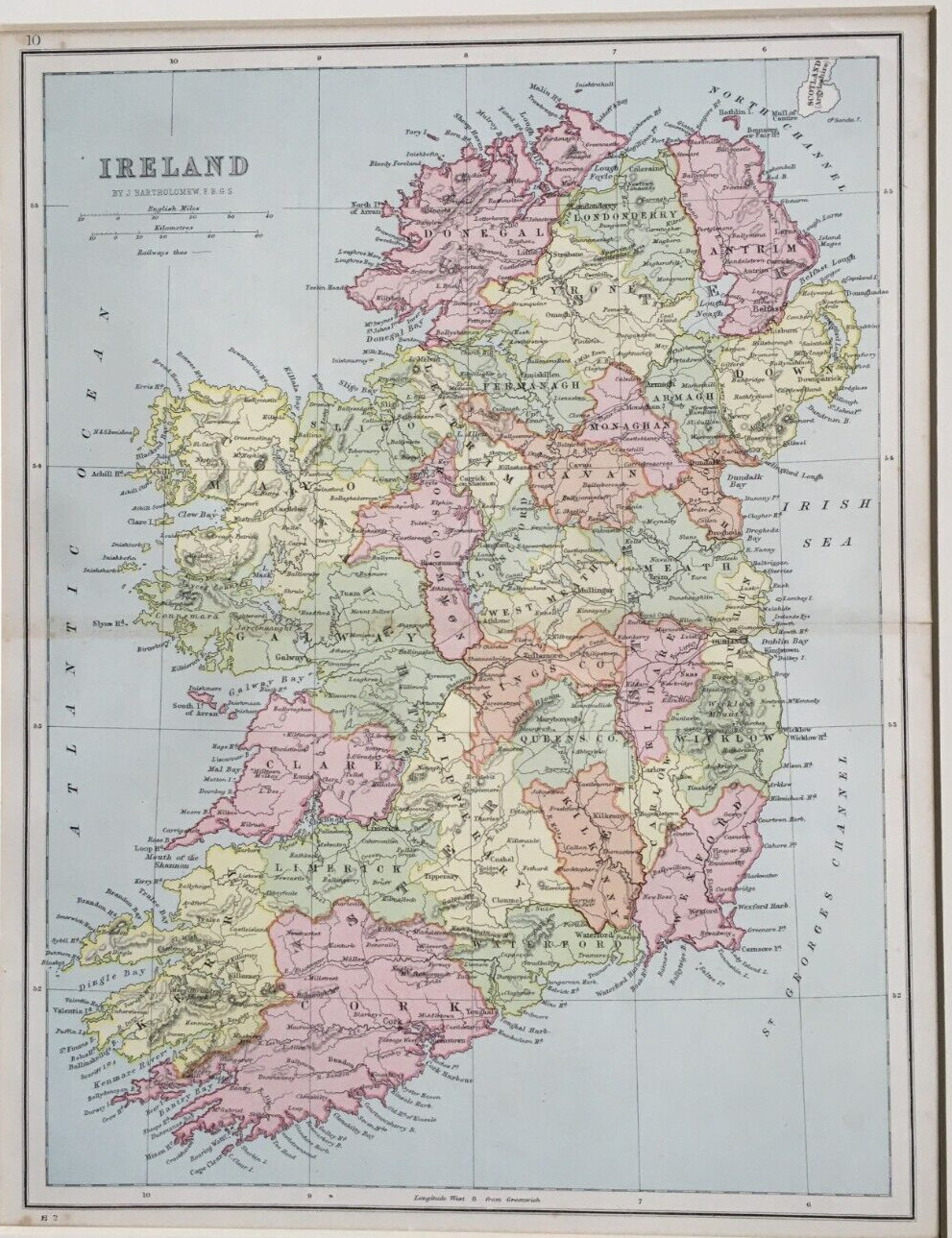 Ireland Map – by J Bartholomew Antique Map 19th Century c1880
