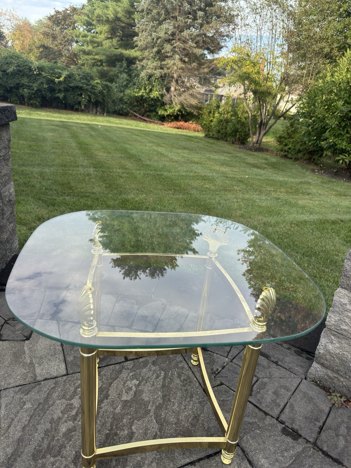 MCM Gold Lacquered Brass Shell Scallops End Table W/ Glass Top Coastal Regency