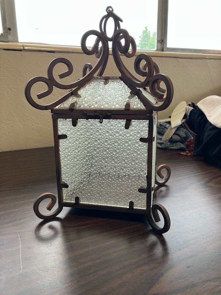 Wrought Iron Pressed Glass Candle Lanterns 1920