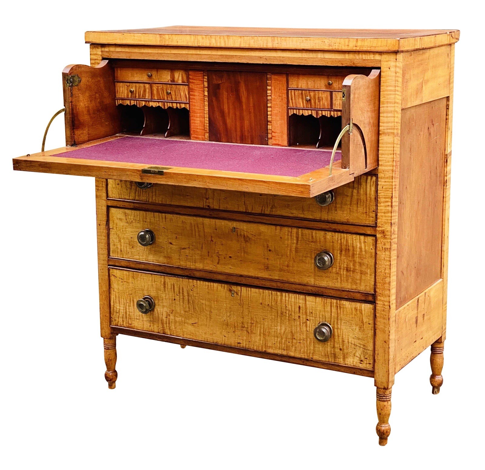 19TH C ANTIQUE PENNSYLVANIA SHERATON TIGER MAPLE & WALNUT BUTLERS DESK