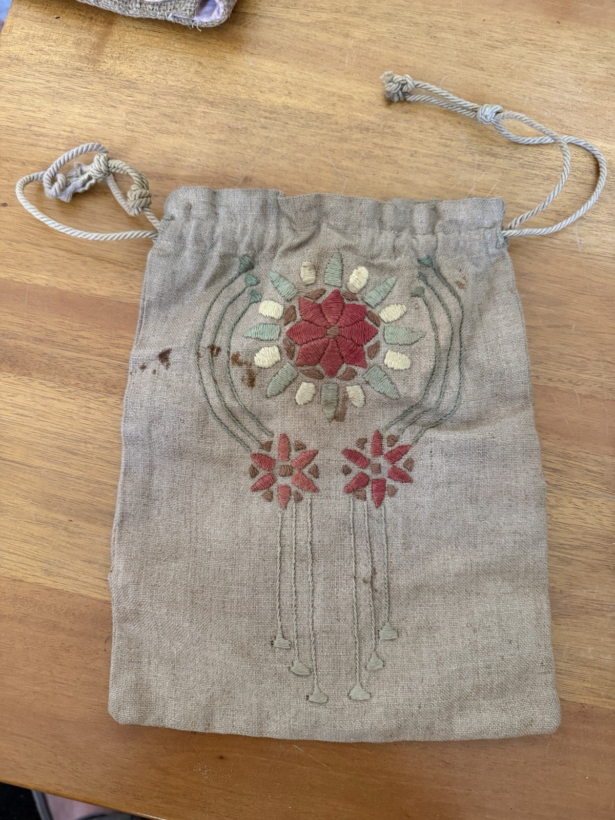 Antique 1915 Arts And Crafts Period Pouch/Coarse Linen W/ 4 Color Embroidery