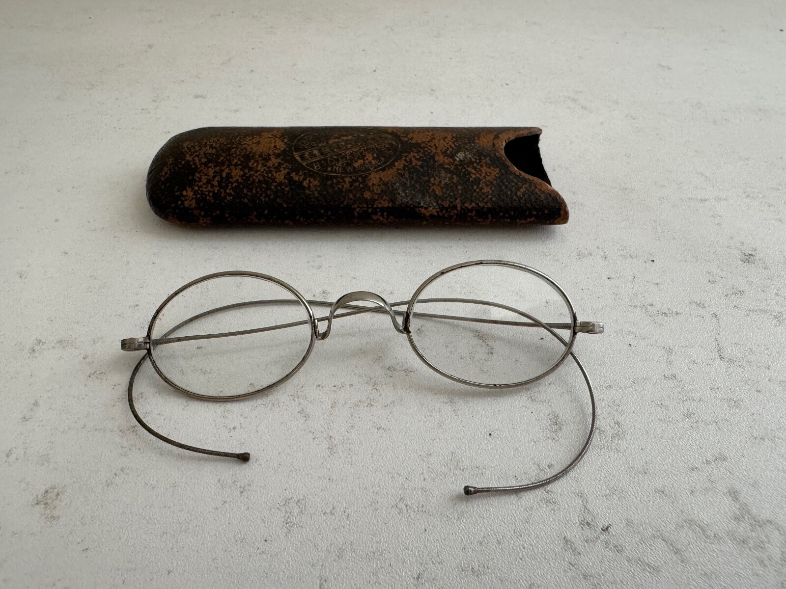 Antique Silver Tone Metal Spectacles / Glasses w/ Case E & L Claudel New Orleans