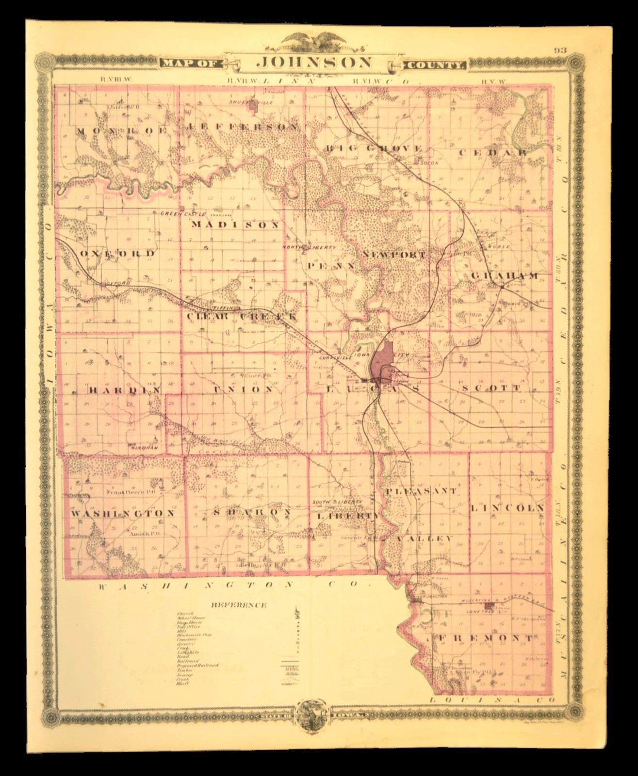 ca 1875 JOHNSON COUNTY Map Iowa City Coralville North Liberty Original Antique