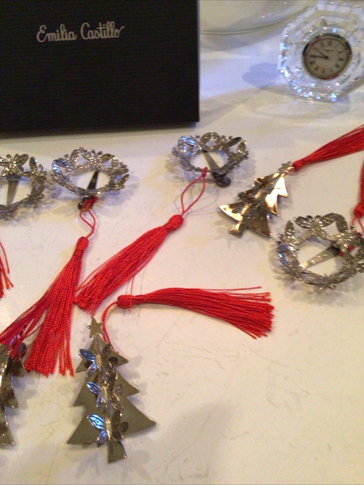 8 EMILIA CASTILLO CHRISTMAS TREE & WREATHS ORNAMENTS W/ TASSELS CLIP ON BROOCH
