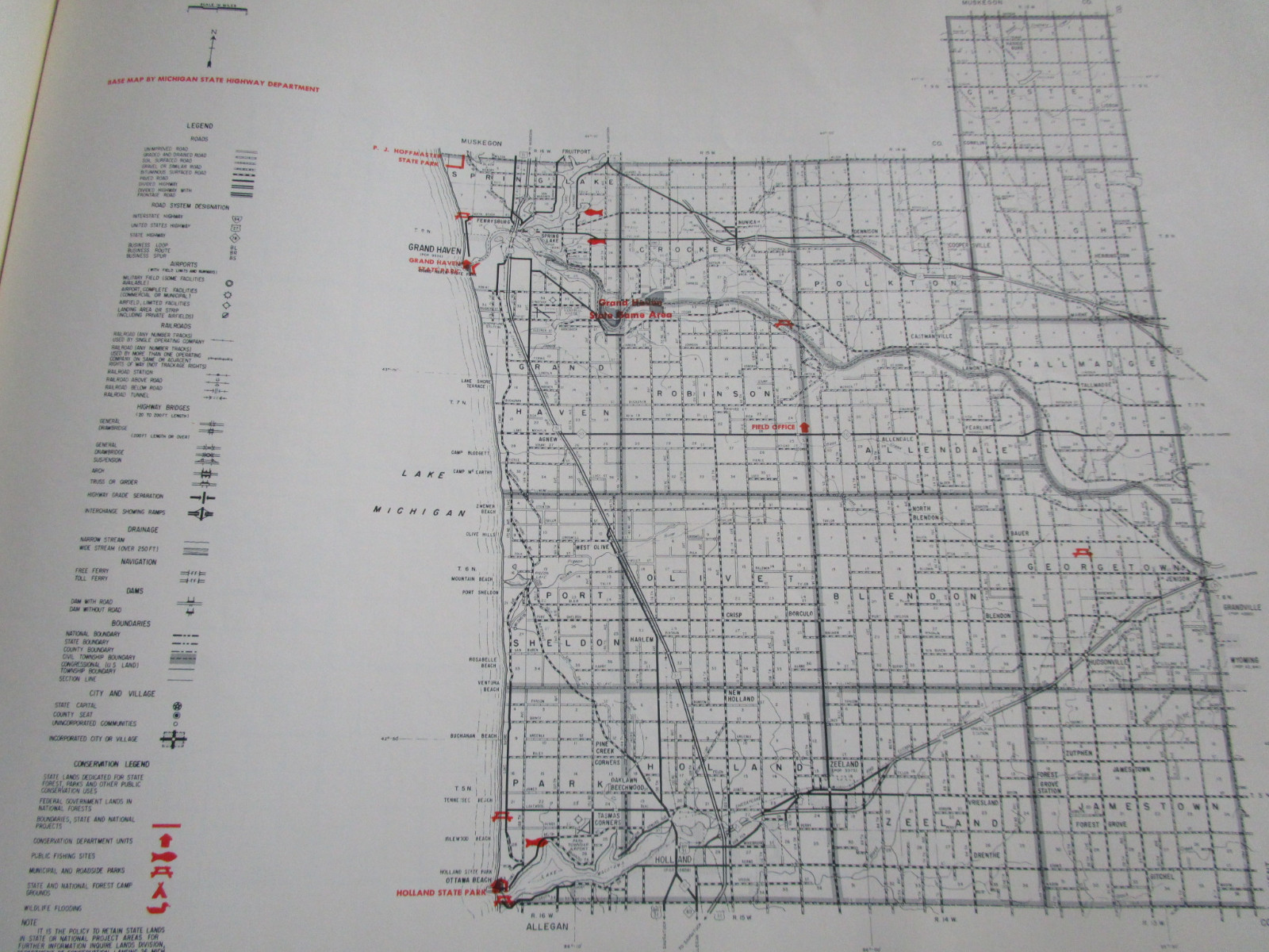 1961 OTTAWA County MI MICHIGAN CONSERVATION DNR MAP