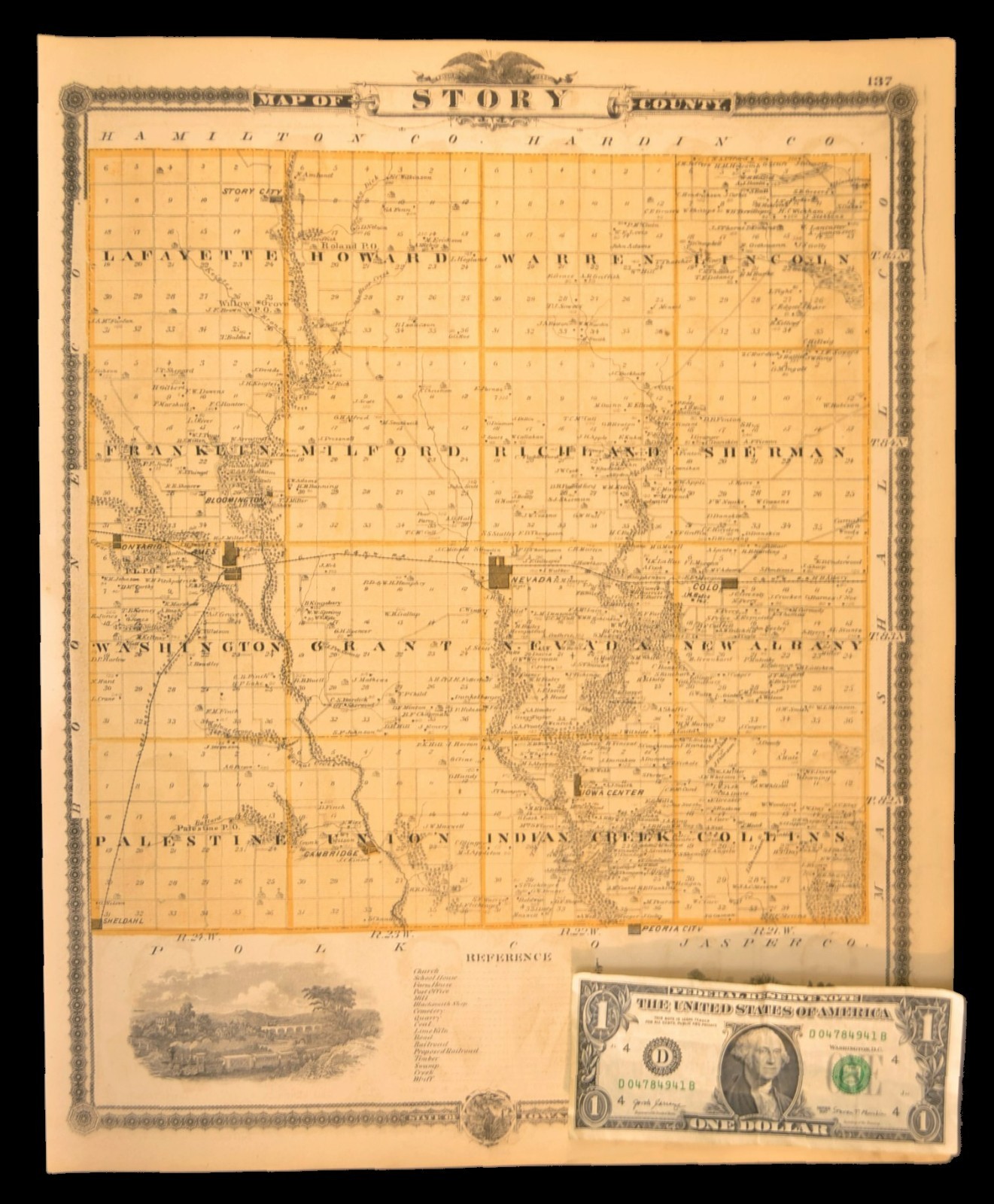 ca 1875 STORY COUNTY Map Iowa Ames Nevada Original Atlas Antique C&NW RR