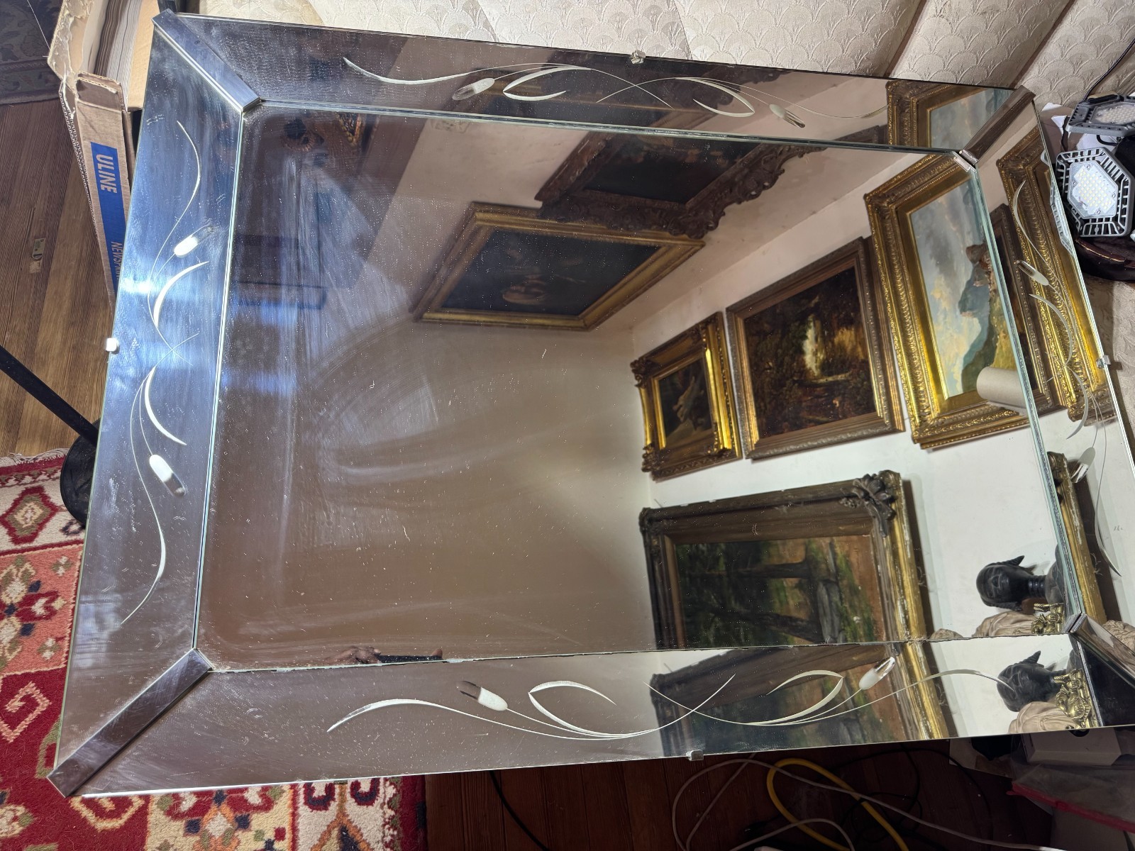 Huge Floral Etched Glass Wall Mirror – 45.0″ Wide x 33.0″ Tall x 1.0″ Deep